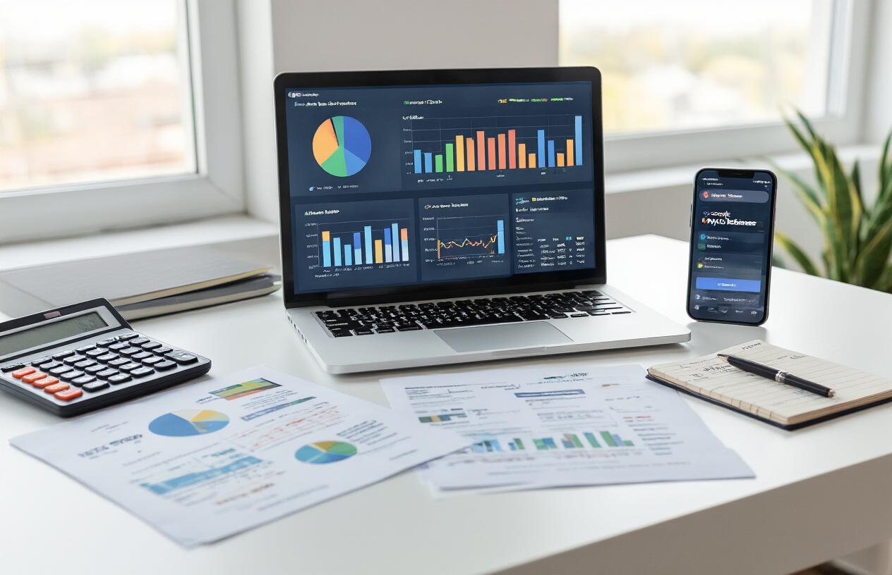 Create a realistic image of a professional workspace showing analytics and performance tracking for local business promotions, featuring a modern laptop displaying colorful charts, graphs, and dashboard metrics on the screen, alongside a smartphone showing Google My Business interface, scattered business documents with performance data, a calculator, and a notepad with handwritten notes, all arranged on a clean white desk surface with soft natural lighting from a nearby window, creating a focused and analytical business atmosphere. Absolutely NO text should be in the scene.