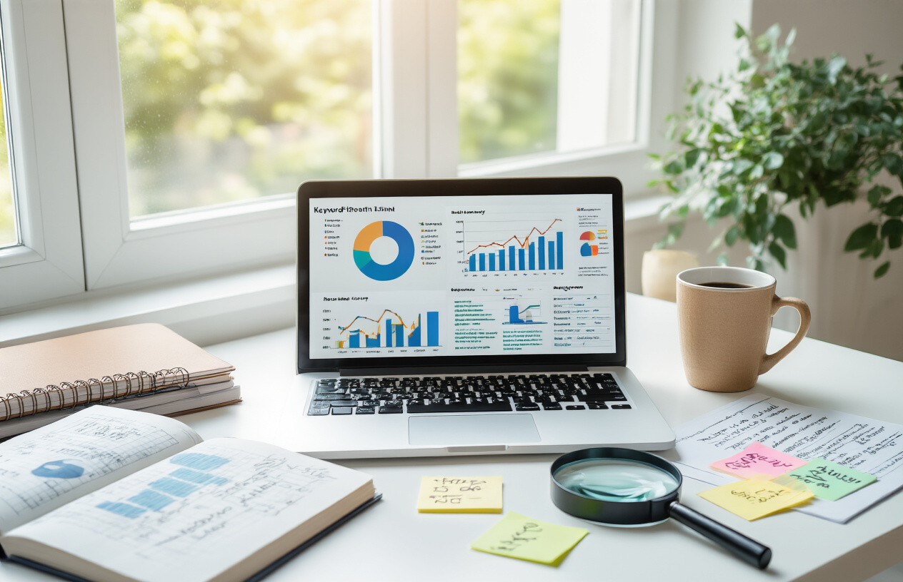 Create a realistic image of a professional workspace showing keyword research fundamentals with a laptop computer displaying colorful analytics graphs and charts, surrounded by notebooks with handwritten research notes, a magnifying glass positioned over printed keyword lists, sticky notes with SEO terms arranged on a clean white desk, soft natural lighting from a window creating a focused study atmosphere, and a coffee cup nearby suggesting dedicated research work, absolutely NO text should be in the scene.