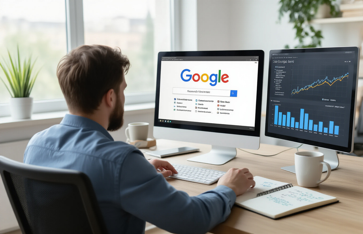 Create a realistic image of a professional workspace showing a computer monitor displaying Google search results with a highlighted featured snippet box at the top of the search results, a white male marketing professional sitting at a modern desk analyzing the screen, complementary elements include SEO analytics charts on a secondary monitor, a notebook with handwritten SEO notes, and a coffee cup, the background features a clean modern office environment with natural lighting from a window, the mood is focused and analytical, the scene has bright natural daylight creating a productive atmosphere, absolutely NO text should be in the scene.