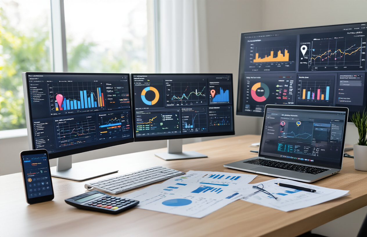 Create a realistic image of a professional workspace showing multiple computer monitors displaying colorful analytics dashboards with graphs, charts, and metrics, a smartphone showing local search results and map pins, printed reports with performance data scattered on a modern desk, a laptop with Google Analytics interface visible, and measurement tools like calculators and notepads, all arranged in a clean office environment with soft natural lighting from a window, absolutely NO text should be in the scene.