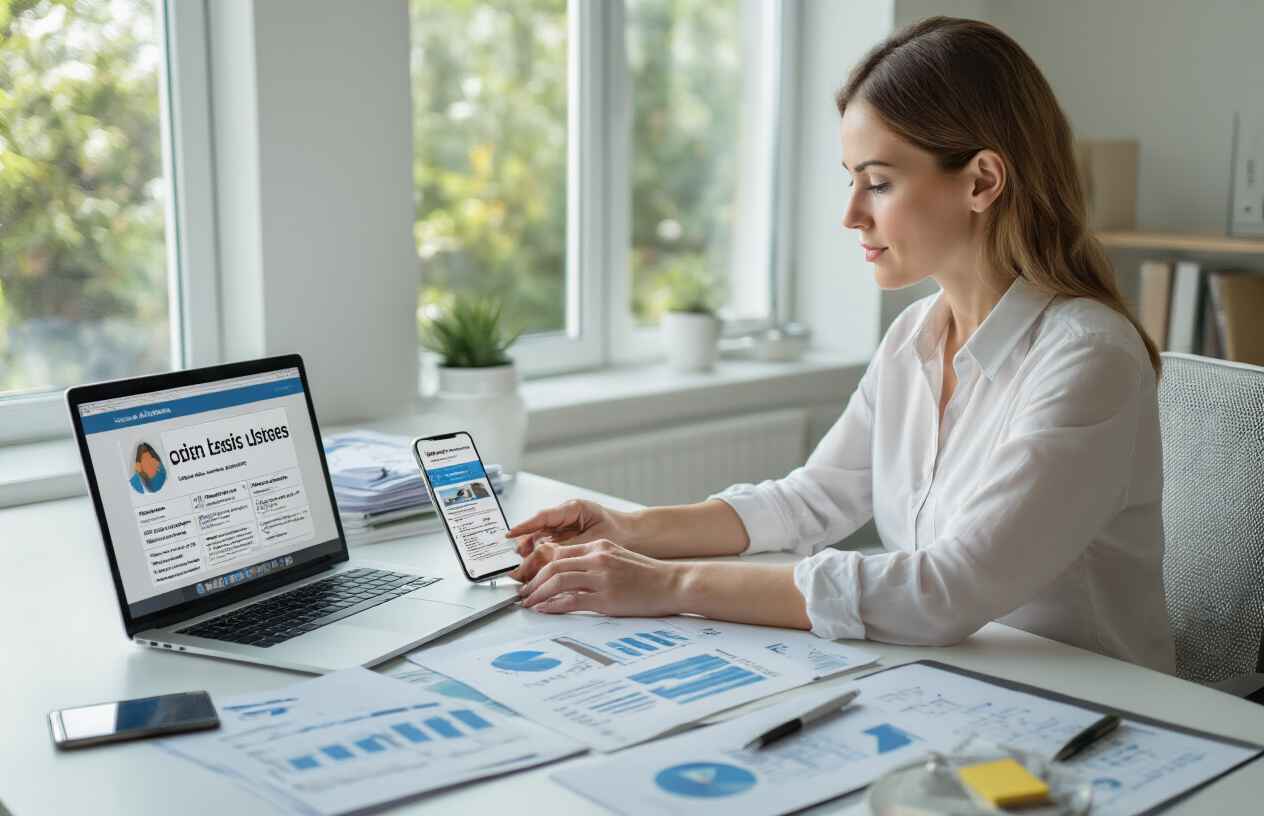 Create a realistic image of a professional workspace scene showing a white female business owner sitting at a modern desk with a laptop computer displaying business listing information on the screen, surrounded by organized documents and charts related to local SEO optimization, with a smartphone showing a business profile visible on the desk, clean office environment with natural lighting from a window, professional and focused atmosphere suggesting digital marketing work in progress, absolutely NO text should be in the scene.