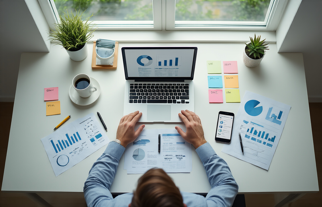 Create a realistic image of a professional workspace scene showing a white male business owner sitting at a modern desk with a laptop open, organized documents and charts spread across the desk surface, a smartphone displaying business directory listings, sticky notes with step numbers arranged in sequence, a clean office environment with natural lighting from a window, complementary elements including a coffee cup, pen, and small potted plant, conveying a focused and methodical atmosphere of someone systematically working through an optimization process, absolutely NO text should be in the scene.