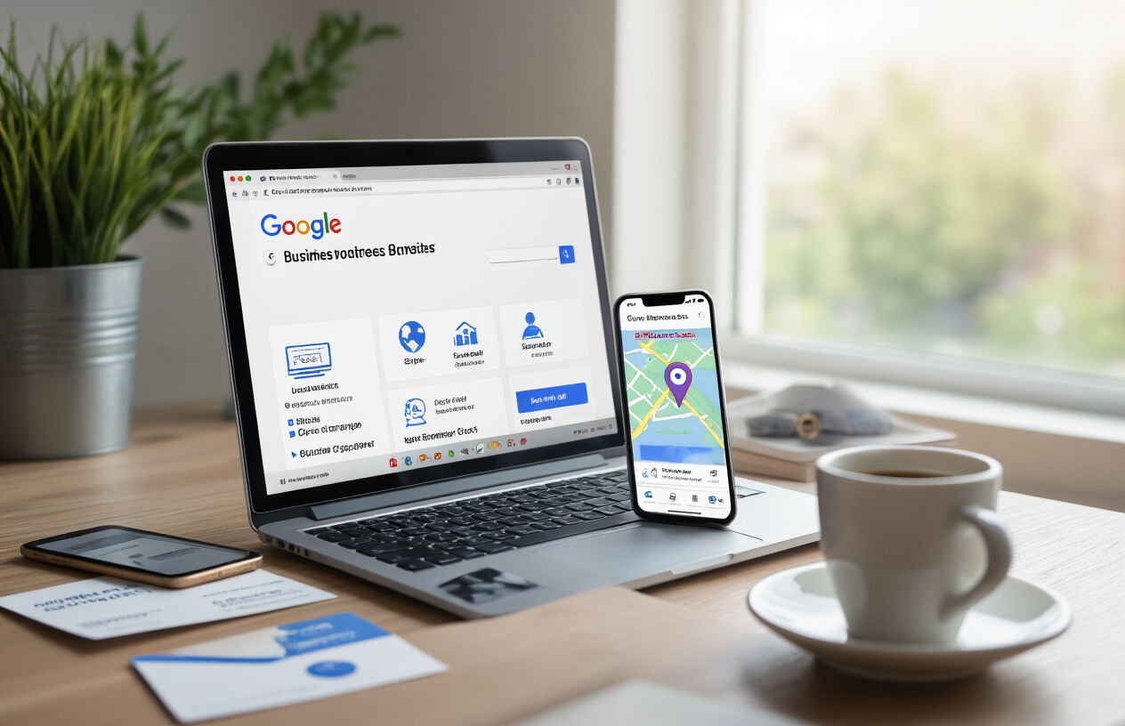 Create a realistic image of a professional workspace showing a laptop computer displaying a Google Business Profile interface on the screen, with various business attribute icons and settings visible, surrounded by local business elements like a smartphone showing location pins on a map, printed business cards, and a coffee cup on a modern desk, with soft natural lighting from a window creating a clean business atmosphere, absolutely NO text should be in the scene.