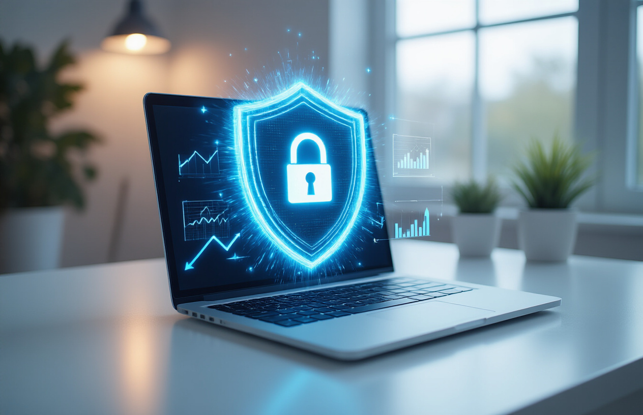 Create a realistic image of a protective digital shield glowing with blue light surrounding a modern laptop computer on a clean white desk, with subtle website analytics graphs and upward trending arrows floating in the background, conveying security and recovery in a bright, professional office environment with soft natural lighting from a window, showing website protection and recovery success. Absolutely NO text should be in the scene.