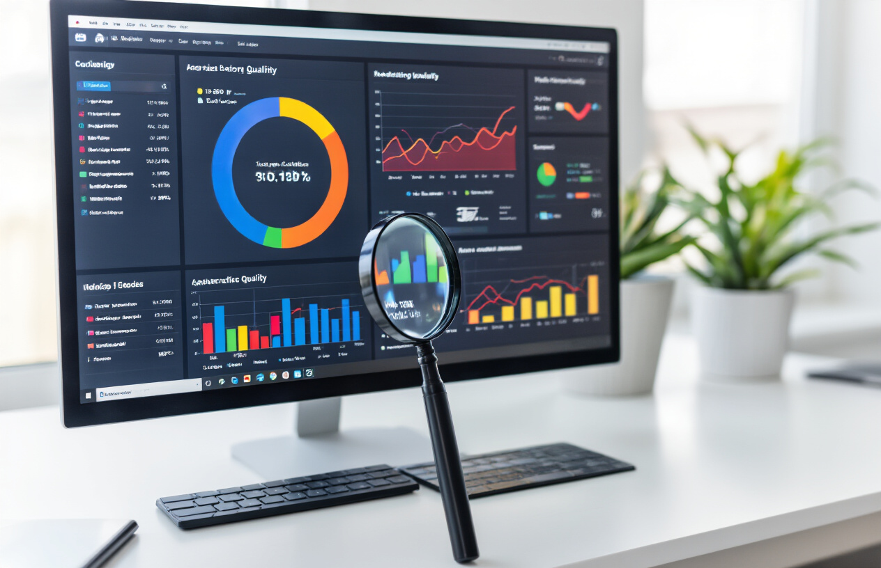 Create a realistic image of a sleek modern computer screen displaying colorful data analytics dashboard with quality metrics charts and graphs, magnifying glass hovering over content quality indicators, subtle Google-colored elements (blue, red, yellow, green) integrated into the interface design, clean white desk surface with minimal tech accessories, bright natural lighting from the side creating a professional atmosphere, focus on digital content evaluation tools and search ranking symbols, absolutely NO text should be in the scene.