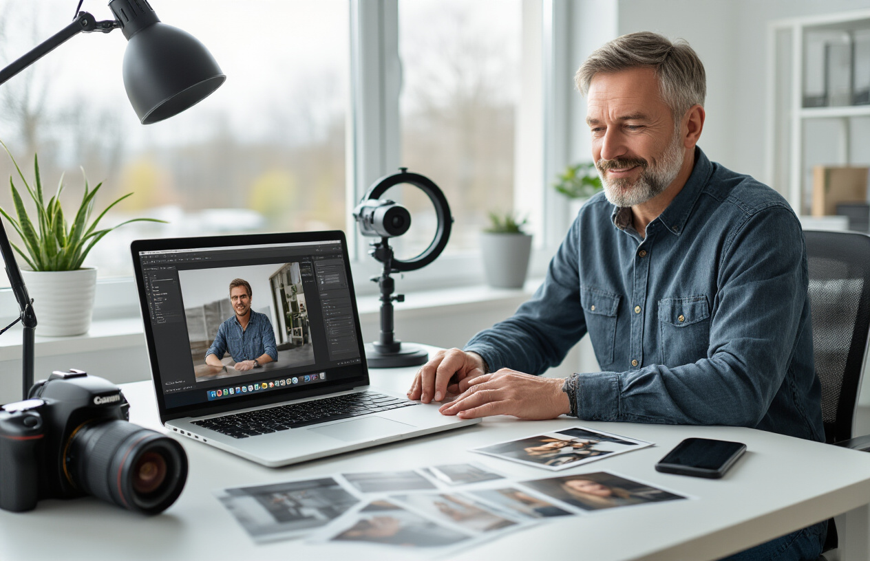 Create a realistic image of a small business owner, a middle-aged white male, sitting at a modern desk with a laptop computer open showing photo editing software interface, surrounded by professional photography equipment including a DSLR camera, smartphone, and ring light, with printed business photos scattered on the desk surface, in a bright contemporary office space with large windows providing natural lighting, conveying a focused and productive atmosphere of digital marketing preparation, absolutely NO text should be in the scene.