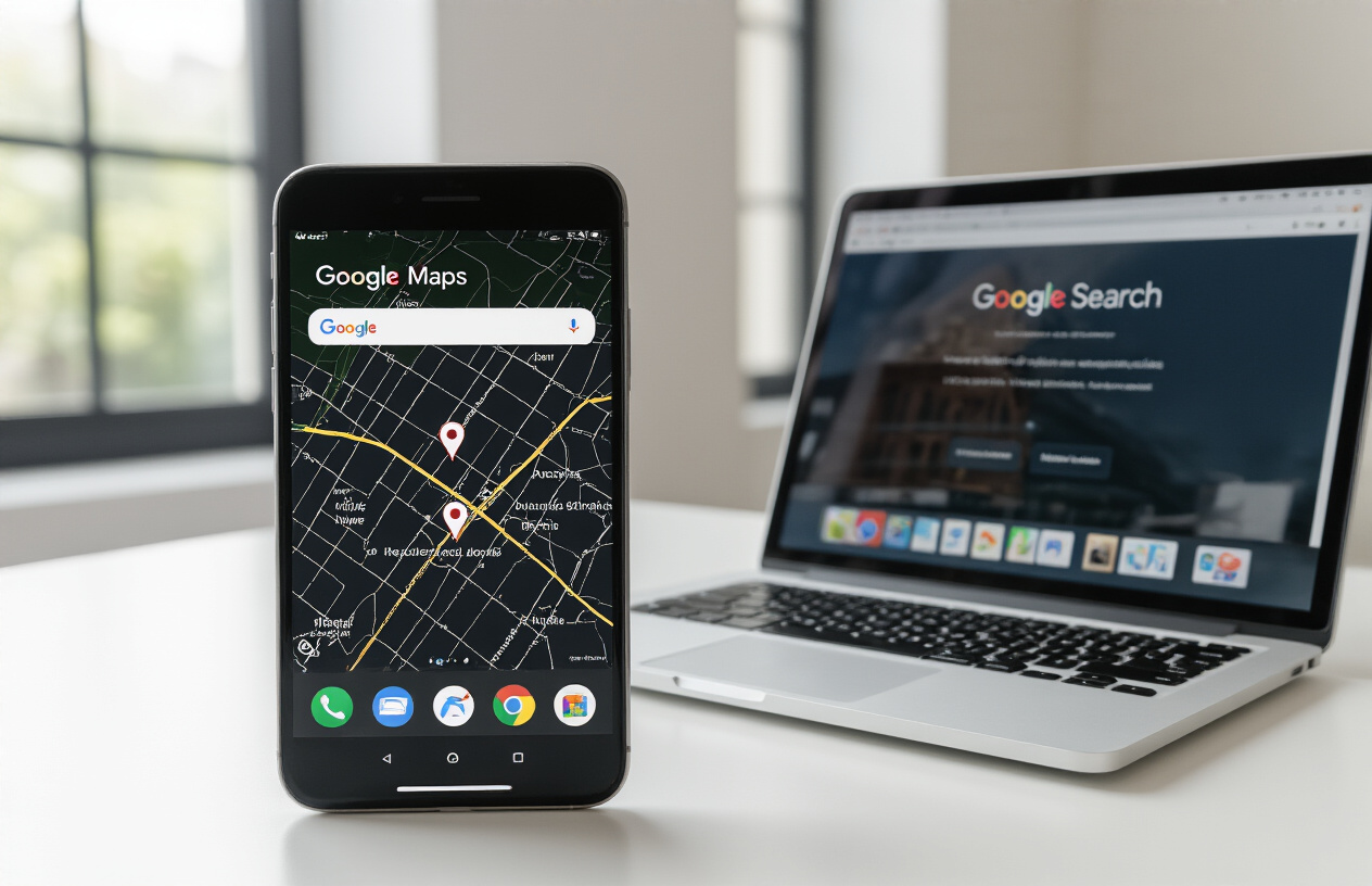 Create a realistic image of a smartphone screen displaying Google Maps interface with multiple business location pins visible on the map, alongside a laptop computer showing Google Search results page with local business listings, both devices placed on a clean white desk surface with soft natural lighting from a window, creating a professional workspace atmosphere for business owners searching for their listings, Absolutely NO text should be in the scene.