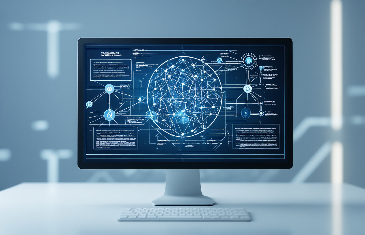 Create a realistic image of a sophisticated technical diagram showing the layered architecture of a neural network with multiple interconnected nodes, transformer blocks, and data flow arrows, displayed on a modern computer screen or digital interface, with a clean minimalist background featuring subtle blue and white gradients, professional lighting that highlights the technical details, conveying a sense of advanced artificial intelligence and machine learning concepts, absolutely NO text should be in the scene.