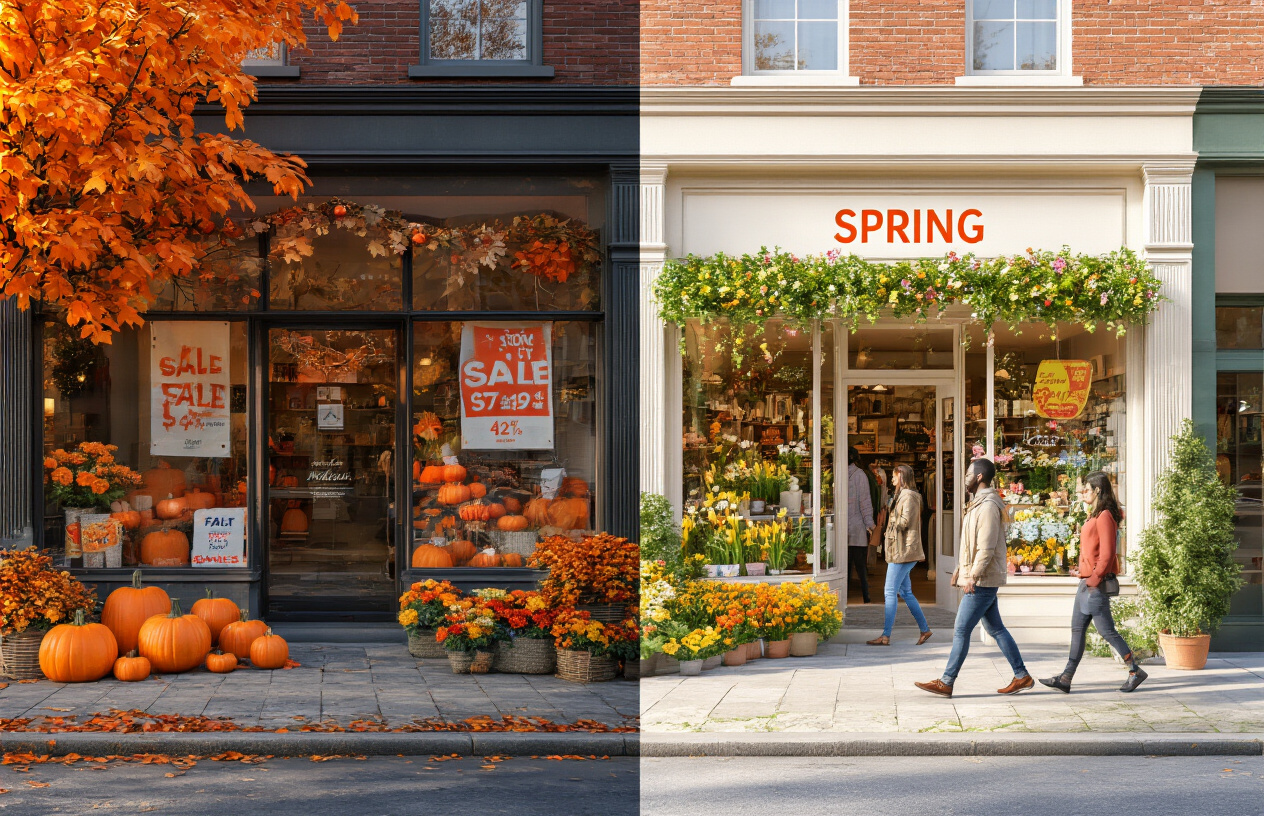 Create a realistic image of a split-screen comparison showing a local business storefront during two different seasons, with the left side displaying autumn decorations including pumpkins, orange leaves, and fall sale banners in the window, while the right side shows the same storefront decorated for spring with bright flowers, green plants, and fresh promotional displays, demonstrating increased foot traffic with diverse customers of different races and genders walking by and entering the store, bright natural lighting highlighting the seasonal transformations, absolutely NO text should be in the scene.