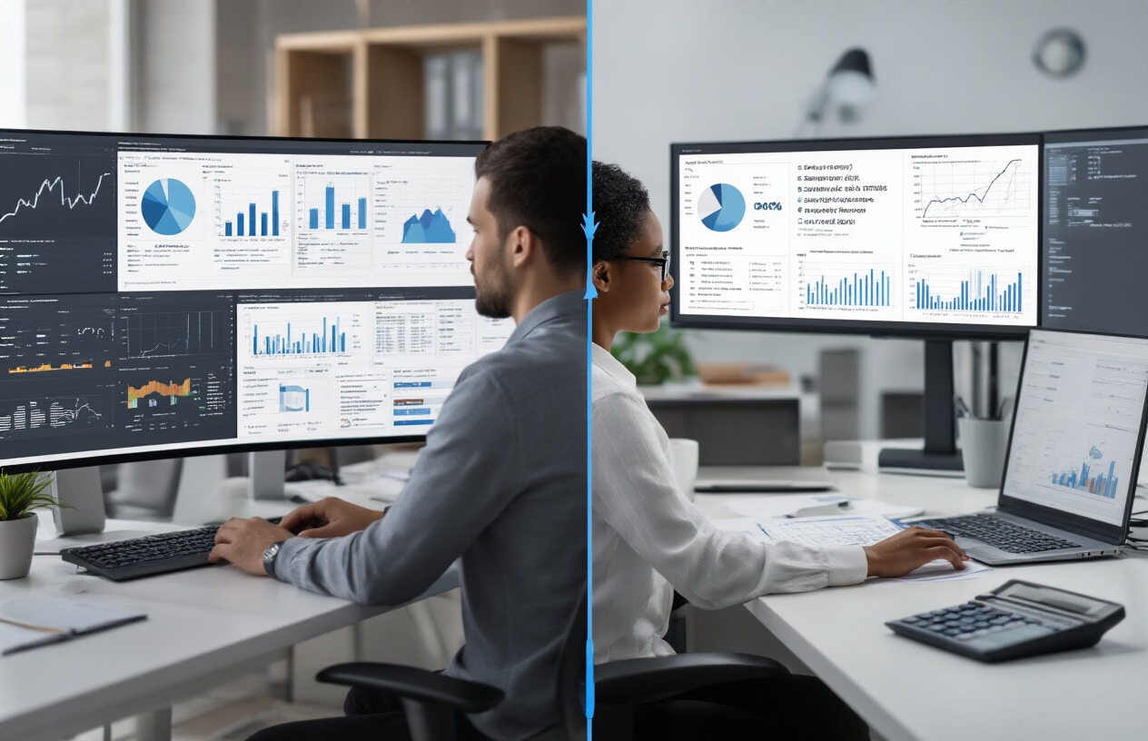 Create a realistic image of a split-screen comparison showing two different analytical approaches: on the left side, a white male data analyst working at a computer with multiple charts and graphs displayed on screen showing one validation method, and on the right side, a black female analyst at a separate workstation with different visualization tools and statistical outputs representing an alternative validation approach, both workspaces featuring modern office environments with clean desks, monitors, calculators, and data printouts, connected by a subtle visual bridge or arrow suggesting comparison and cross-validation, professional lighting with a focused and methodical mood, absolutely NO text should be in the scene.