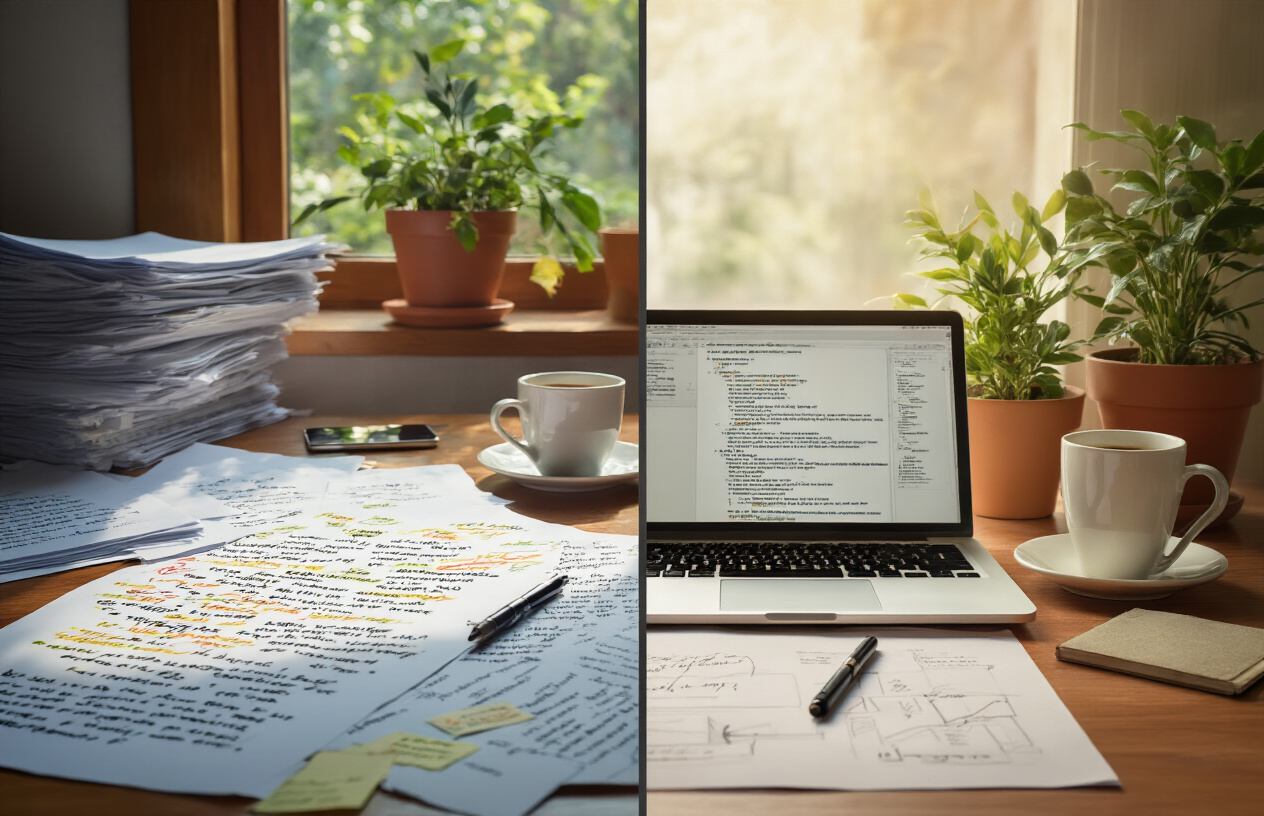 Understanding the Balance Between SEO and Natural Writing Create a realistic image of a split-screen composition showing contrast between two writing approaches: on the left side, a cluttered desk with papers covered in highlighted keywords and repetitive text fragments scattered around, representing over-optimization; on the right side, a clean, organized workspace with a laptop displaying flowing, natural text and a balanced content outline, with a potted plant and coffee cup suggesting organic creativity; warm, natural lighting illuminates both sides equally, emphasizing the visual metaphor of finding equilibrium between SEO requirements and authentic writing; absolutely NO text should be in the scene.