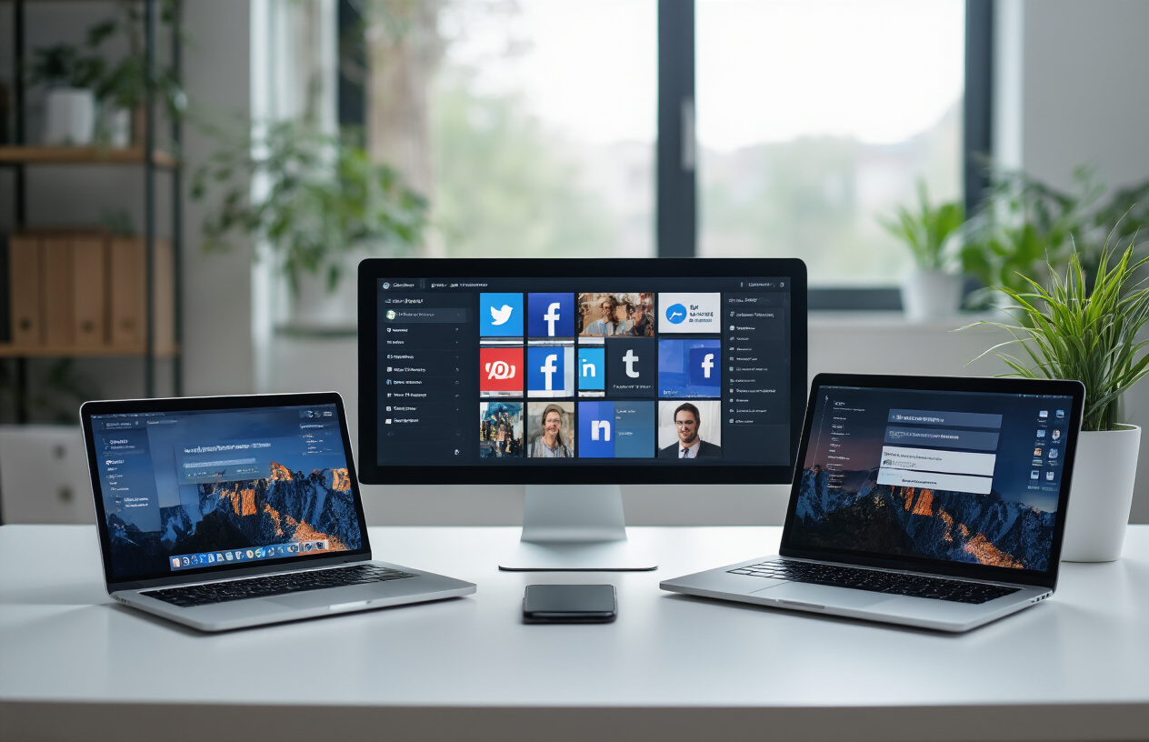 Optimizing Your Description for Different Platforms Create a realistic image of a split-screen composition showing various digital devices displaying different social media and business platforms, including a laptop, tablet, and smartphone arranged on a clean white desk, with each screen showing distinct platform interfaces like social media profiles, business directories, and professional networking sites, captured in bright natural lighting with a modern office background, emphasizing the concept of multi-platform optimization, absolutely NO text should be in the scene.