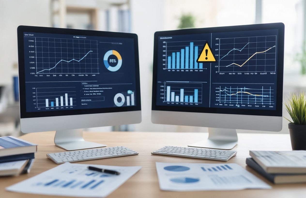 Create a realistic image of a split-screen composition showing incorrect versus correct data analysis visualization, featuring statistical charts and graphs on computer monitors with warning symbols and error indicators on the left side contrasted against clean, accurate statistical displays on the right side, set in a modern office environment with soft ambient lighting, complemented by scattered research papers and statistical reference books on the desk, conveying a mood of analytical precision and methodological importance, absolutely NO text should be in the scene.