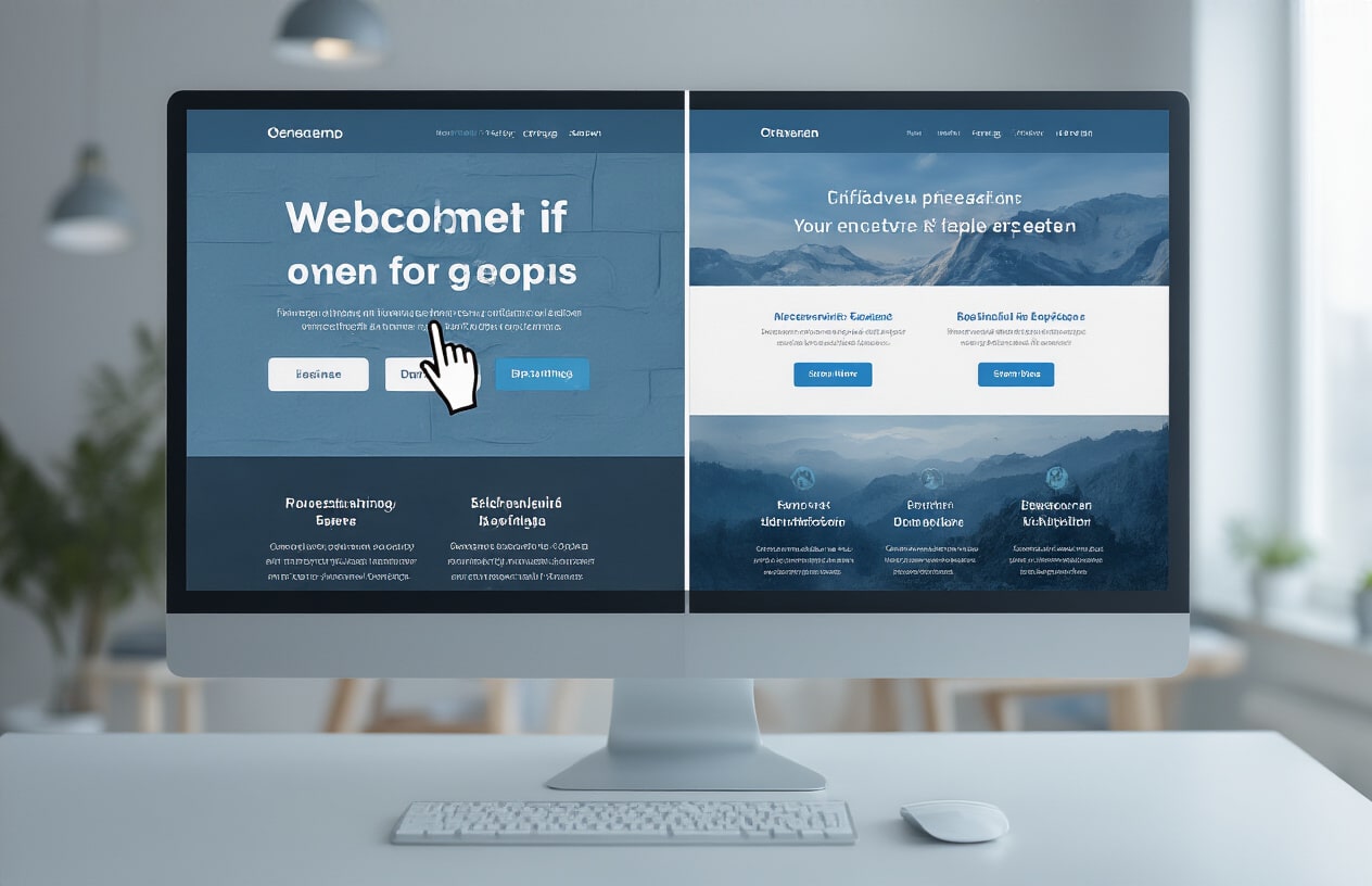 Understanding A/B Testing for Titles and Meta Descriptions Create a realistic image of a split-screen computer monitor displaying two different website page versions side by side for comparison, with clean modern interface elements, cursor hovering over title sections, soft blue and white color scheme, professional office lighting, viewed from slightly angled perspective showing the comparison process, absolutely NO text should be in the scene.