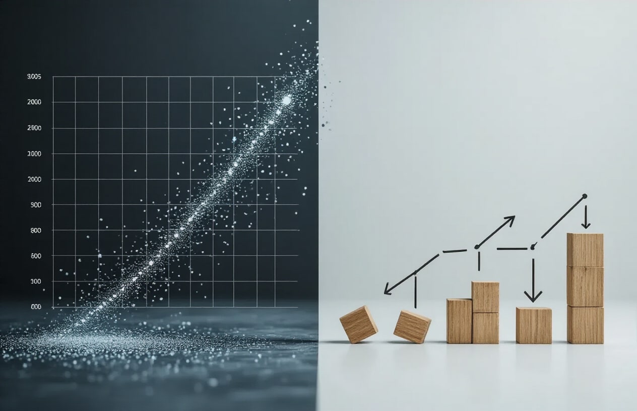 Create a realistic image of a split-screen visual metaphor showing correlation versus causation concepts, with the left side displaying scattered data points on a graph with two variables that appear connected by a dotted correlation line, and the right side showing a clear cause-and-effect chain represented by falling dominoes or arrows pointing from one element to another, set against a clean white background with subtle shadows, professional lighting that emphasizes the contrast between the two concepts, absolutely NO text should be in the scene.