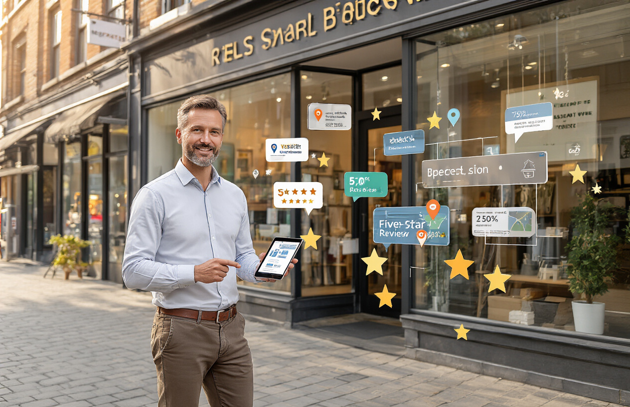 Create a realistic image of a successful small business storefront with large glass windows displaying visible business signage, a white male business owner in his 40s standing confidently in front of his store with a tablet in hand showing digital analytics, multiple five-star review icons floating subtly around the scene, a smartphone displaying a map with location pins, and a modern urban street background with other local businesses visible, warm afternoon lighting creating an inviting atmosphere that conveys growth and digital success, absolutely NO text should be in the scene.