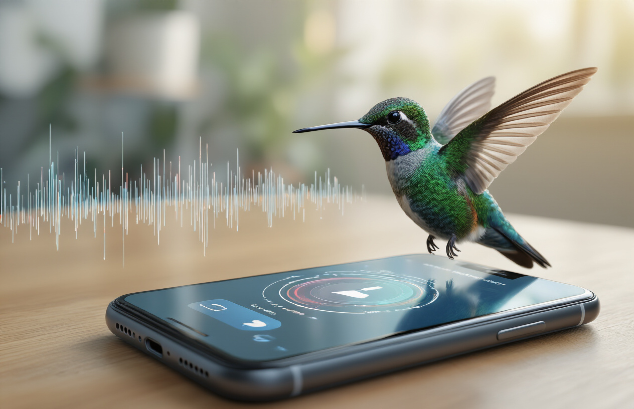 Hummingbird's Conversational Search Revolution Create a realistic image of a vibrant hummingbird hovering near a smartphone displaying a voice search interface with sound waves emanating from the device, set against a modern office background with soft natural lighting, conveying the concept of conversational search technology, with the hummingbird symbolizing the swift and precise nature of modern search algorithms, absolutely NO text should be in the scene.