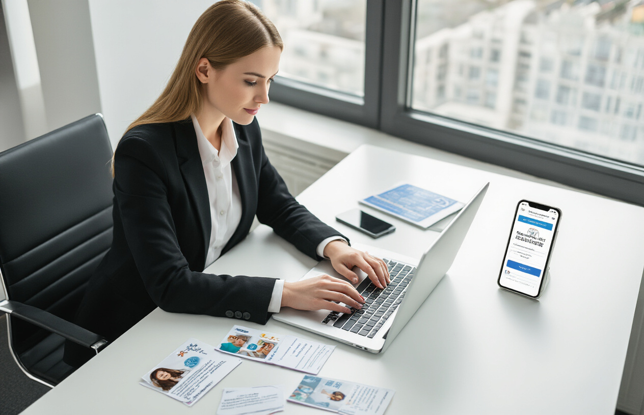 Create a realistic image of a white female business professional sitting at a modern desk with a laptop computer, typing a response while looking at customer review cards scattered on the desk, with a smartphone showing a business profile interface nearby, in a bright office setting with natural lighting from a window, conveying focus and professionalism, absolutely NO text should be in the scene.