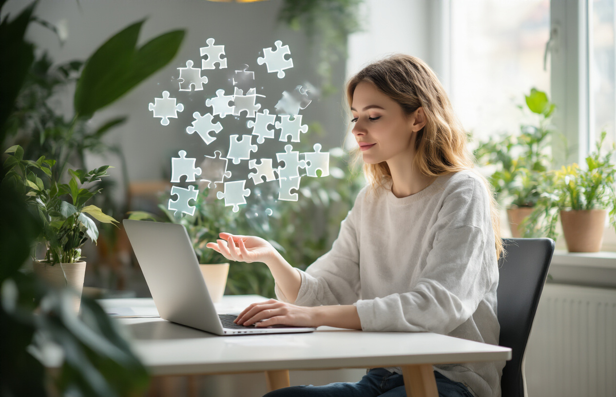 Natural Keyword Integration Techniques Create a realistic image of a white female content writer sitting at a modern desk with a laptop computer, surrounded by floating translucent puzzle pieces that seamlessly connect together, representing natural keyword integration, with soft natural lighting from a nearby window, plants in the background creating a calm productive atmosphere, and the puzzle pieces glowing subtly to show organic flow and connection, absolutely NO text should be in the scene.