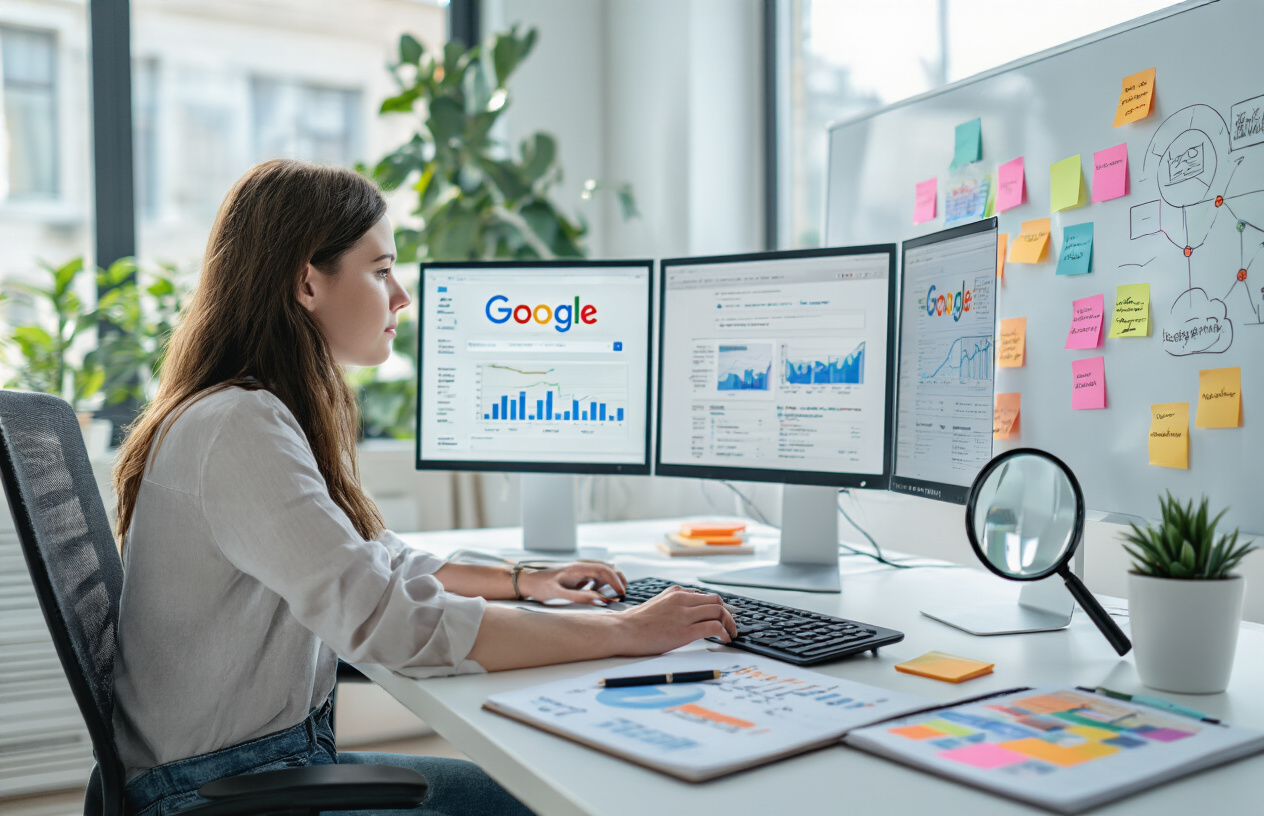 Create a realistic image of a white female digital marketer sitting at a modern desk with dual computer monitors displaying Google search results and analytics dashboards, surrounded by research tools including notebooks with keyword lists, a magnifying glass, and colorful sticky notes on a whiteboard showing SEO strategy diagrams, set in a bright contemporary office with natural lighting from large windows, conveying a focused and analytical research atmosphere, absolutely NO text should be in the scene.