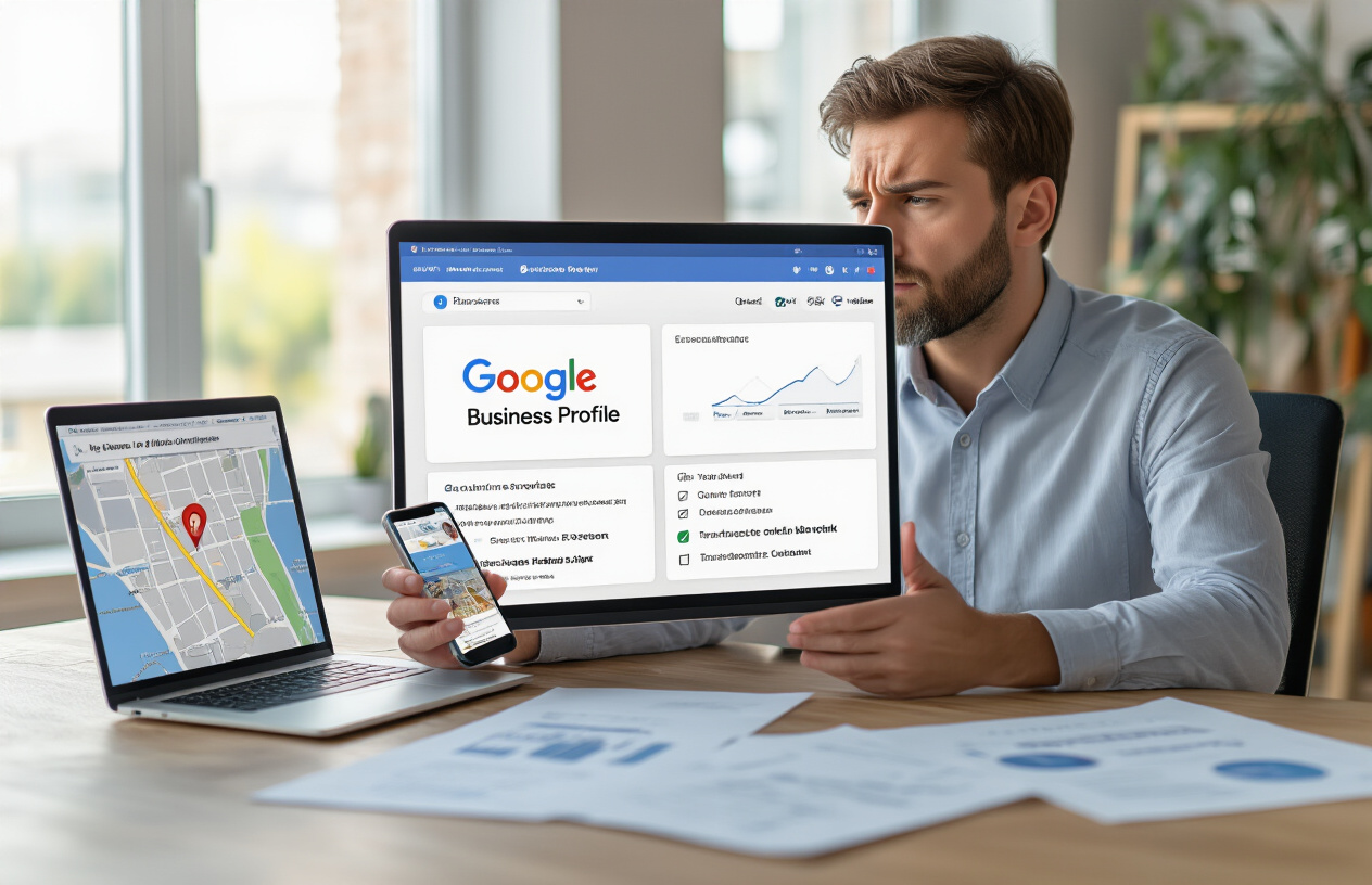Create a realistic image of a white male business owner sitting at a modern desk with a laptop computer displaying a Google Business Profile dashboard with error notifications and warning icons on the screen, holding a smartphone showing Google Maps location pin, surrounded by business documents and troubleshooting checklist papers scattered on the desk, with a concerned but focused expression, in a well-lit contemporary office setting with natural window light, absolutely NO text should be in the scene.