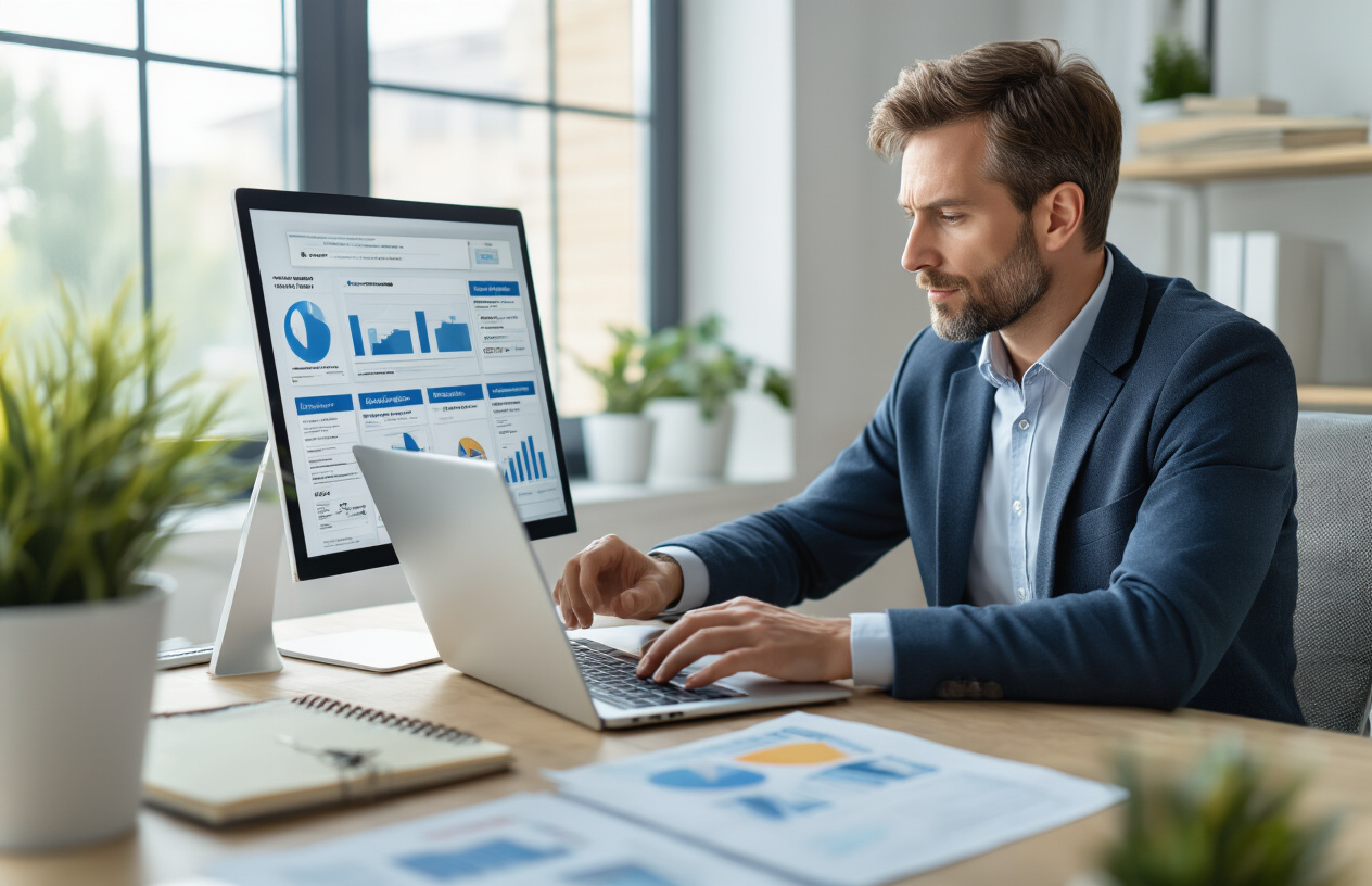 Create a realistic image of a white male business owner in his 30s sitting at a modern desk with a laptop computer, carefully examining multiple business category options displayed on the screen, surrounded by research materials including notebooks and printed Google Business Profile guidelines, in a bright contemporary office setting with natural lighting from a window, showing focused concentration and decision-making process, with a clean organized workspace that conveys professionalism and strategic planning, absolutely NO text should be in the scene.