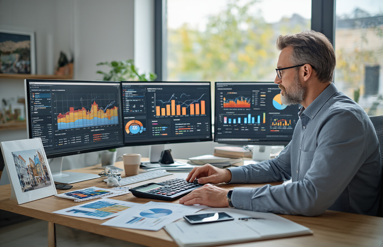 Create a realistic image of a white male business professional sitting at a modern desk with dual computer monitors displaying colorful analytics dashboards and performance charts, surrounded by printed photographs of local businesses and storefronts scattered across the desk surface, with a calculator, smartphone, and notebook nearby, in a bright contemporary office environment with natural lighting from a window, conveying focused analysis and measurement of visual marketing performance, absolutely NO text should be in the scene.