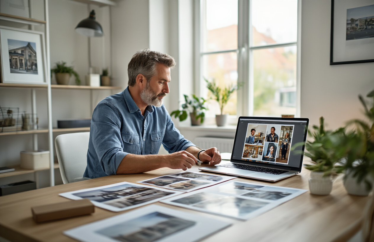 Create a realistic image of a white male business owner sitting at a modern desk with multiple high-resolution photographs spread out in front of him, carefully examining and selecting images of his local storefront, products, and team members, with a laptop displaying photo editing software open beside him, bright natural lighting from a window illuminating the workspace, creating a focused and strategic planning atmosphere. Absolutely NO text should be in the scene.