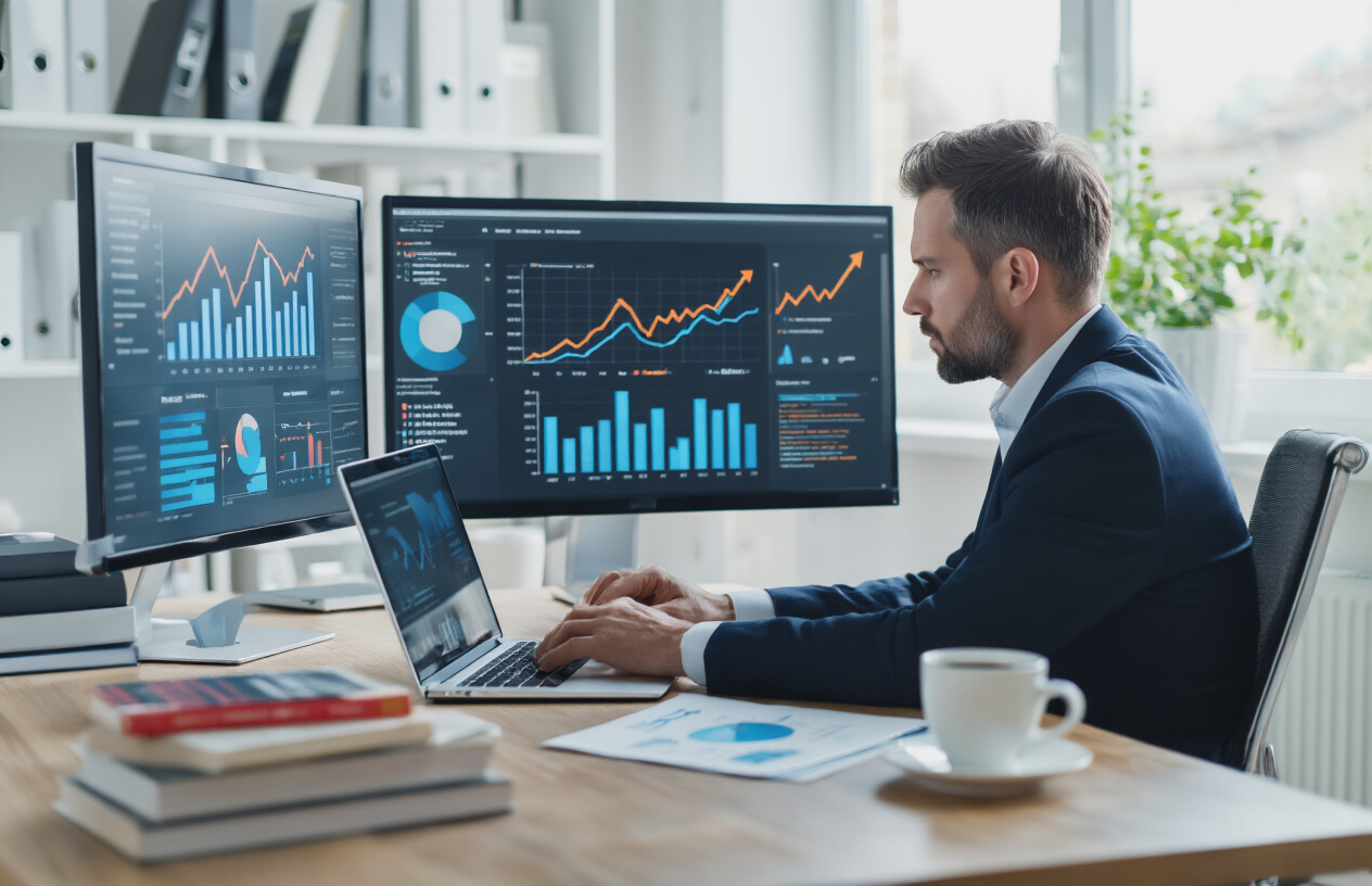 Recovering from Negative Algorithm Impact Create a realistic image of a white male business professional sitting at a modern desk with a laptop computer, showing a concerned but determined expression as he analyzes declining website analytics charts on his screen, with upward trending arrows and recovery graphs visible on a secondary monitor, surrounded by marketing books and coffee cup, in a well-lit contemporary office setting with natural lighting from a window, conveying a mood of strategic problem-solving and gradual recovery, absolutely NO text should be in the scene.