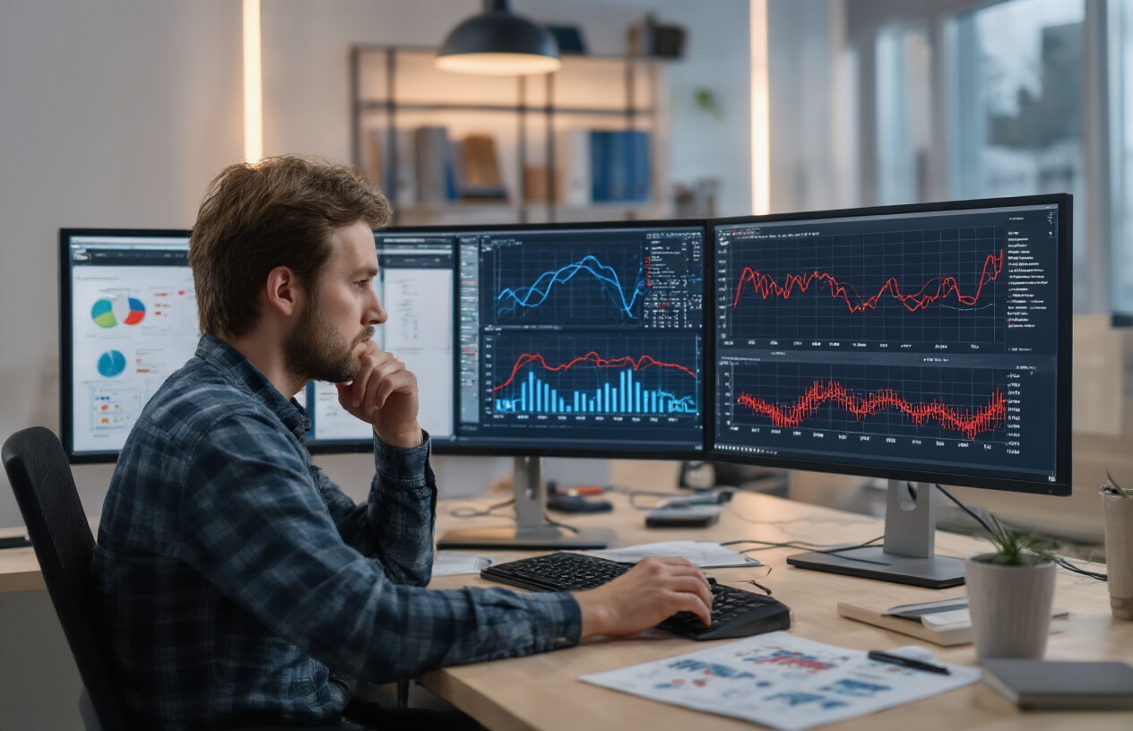 Create a realistic image of a white male data scientist sitting at a modern workstation with multiple computer monitors displaying complex machine learning graphs and charts showing overfit model curves with perfect training accuracy but poor validation performance, the screens show red declining validation curves diverging from blue training curves, scattered data visualization papers and notebooks on the desk, soft office lighting creating a focused analytical atmosphere, the person appears concerned while reviewing the problematic model results, clean modern office background with subtle tech company aesthetic, absolutely NO text should be in the scene.