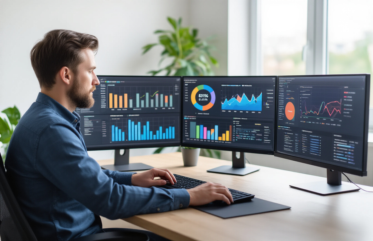 Create a realistic image of a white male digital marketer in his 30s sitting at a modern desk analyzing SEO performance data on multiple computer monitors, with colorful charts and graphs displaying ranking metrics and search performance analytics, surrounded by a clean modern office environment with soft natural lighting from a window, showing focused concentration as he reviews featured snippet optimization results. Absolutely NO text should be in the scene.