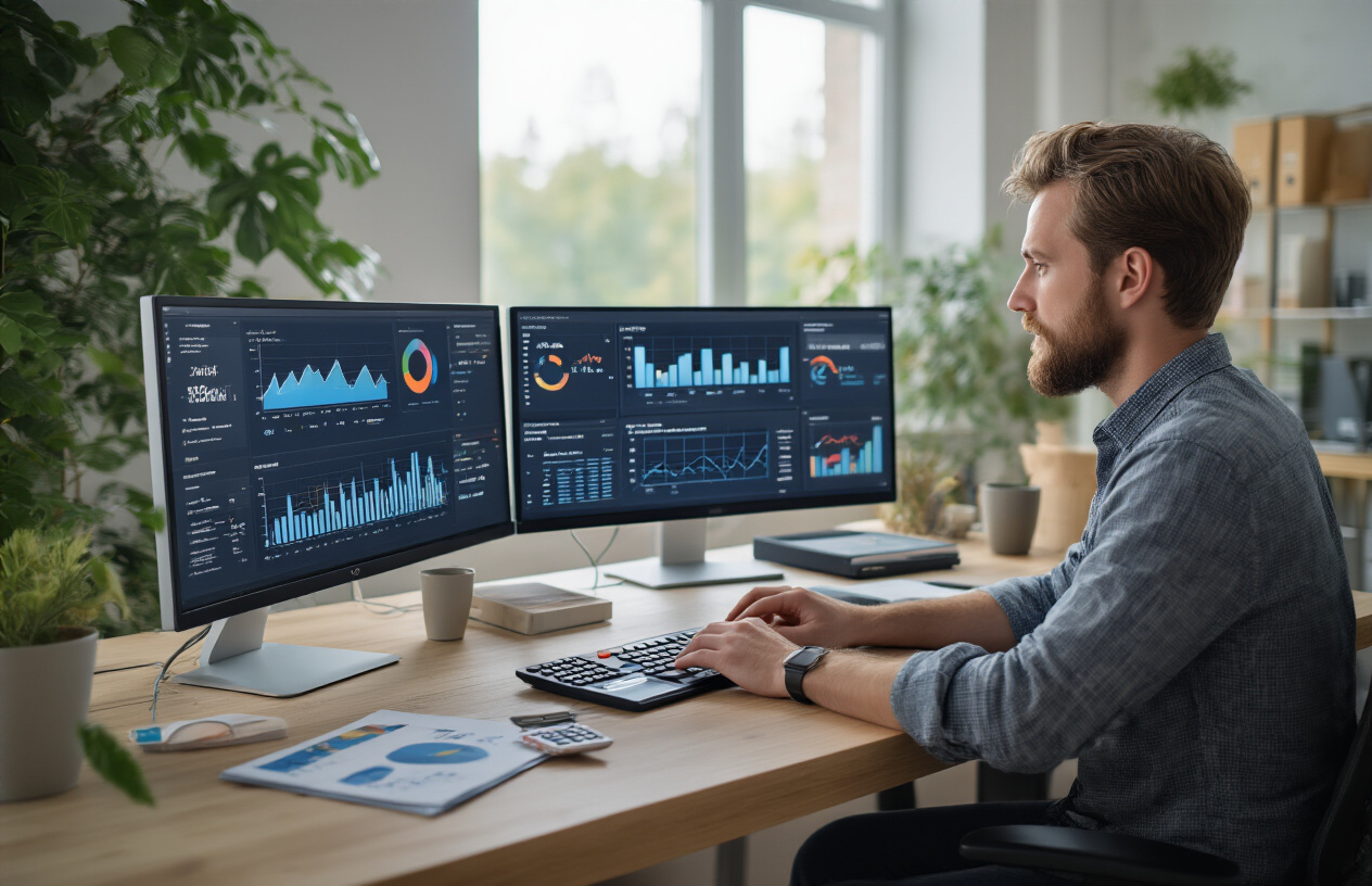 Testing and Measuring Your Meta Description Performance Create a realistic image of a white male digital marketer sitting at a modern desk with dual computer monitors displaying analytics dashboards and performance charts, surrounded by data visualization elements like graphs and metrics, with a clean office environment featuring soft natural lighting from a window, the person actively analyzing SEO performance data on screen with a focused expression, calculator and notepad nearby for calculations, professional atmosphere with neutral background colors, absolutely NO text should be in the scene.
