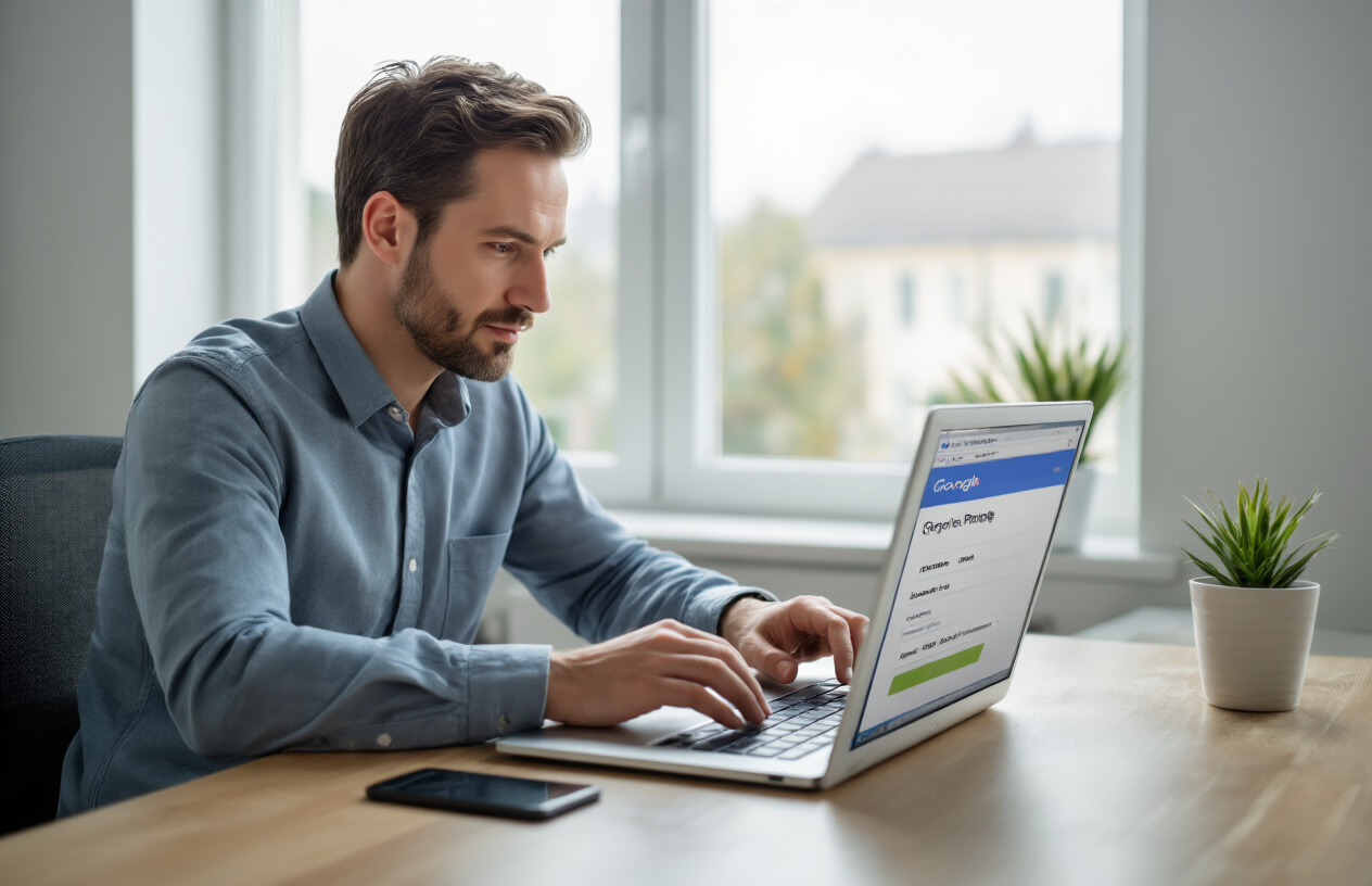 Create a realistic image of a white male professional in his 30s sitting at a modern desk with a laptop computer, actively typing while looking at the screen which displays the Google Business Profile setup interface, with his smartphone placed nearby on the desk, in a clean modern office environment with natural lighting from a window, capturing the moment of account creation and business registration process, absolutely NO text should be in the scene.