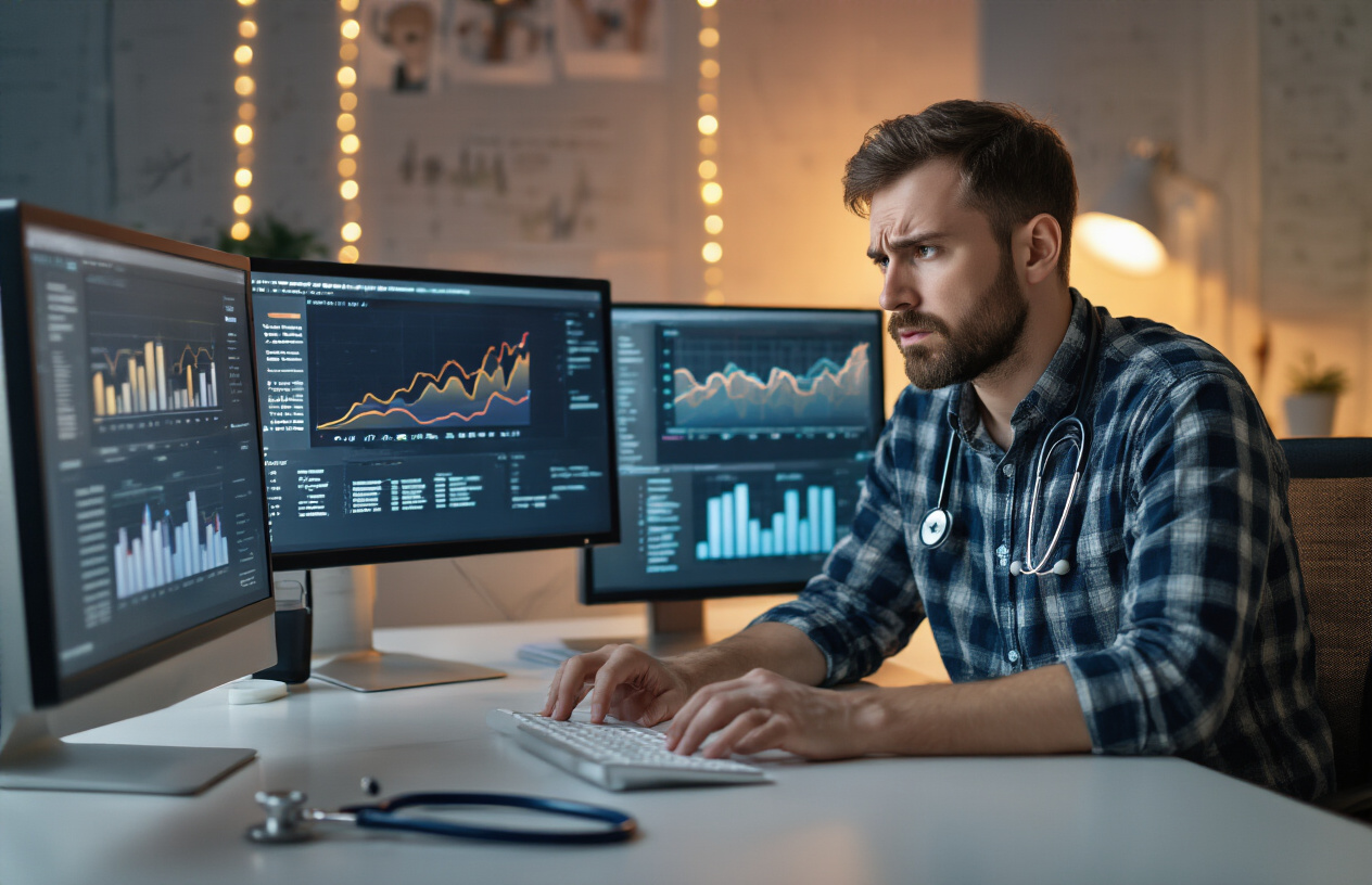 Create a realistic image of a white male web developer sitting at a modern desk looking concerned while analyzing website analytics on multiple computer monitors showing declining traffic graphs and medical-related website pages, with a stethoscope placed next to the keyboard symbolizing the medical industry focus, warm office lighting creating a professional atmosphere, and a subtle background showing medical icons and website elements, absolutely NO text should be in the scene.