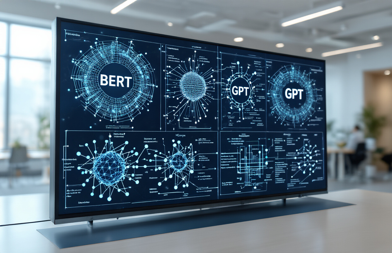 Create a realistic image of multiple AI neural network architecture diagrams displayed on a large digital screen or whiteboard, showing different model structures including BERT, GPT, and traditional RNN models represented as interconnected nodes and layers with distinct visual patterns, with a clean modern tech conference room background featuring soft professional lighting, absolutely NO text should be in the scene.