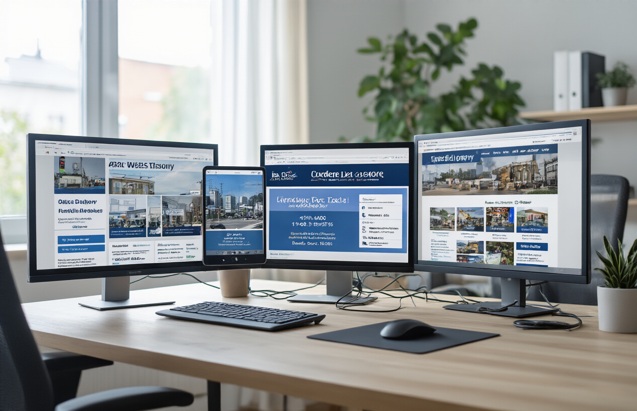 Create a realistic image of multiple computer screens and mobile devices displaying various business directory websites and platforms simultaneously, showing the same business information (name, address, phone number) consistently across different interfaces, with a professional workspace setting featuring a clean desk, organized cables, and soft natural lighting from a window, emphasizing the concept of unified business listing management across digital platforms, absolutely NO text should be in the scene.