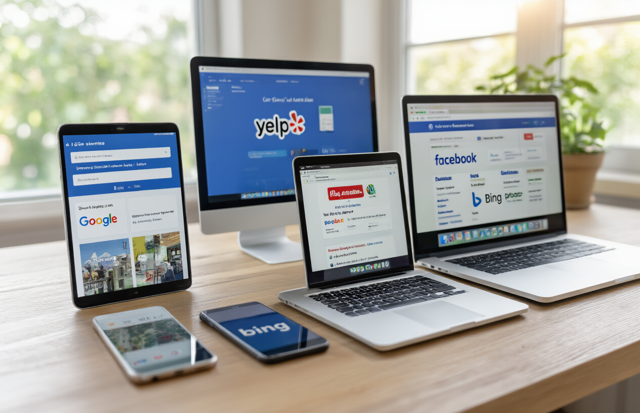 Create a realistic image of multiple smartphone and laptop screens displaying various popular local business platform logos and interfaces including Google My Business, Yelp, Facebook Business, Apple Maps, and Bing Places, arranged on a modern wooden desk with soft natural lighting from a window, creating a professional workspace atmosphere focused on digital marketing and local SEO management, absolutely NO text should be in the scene.