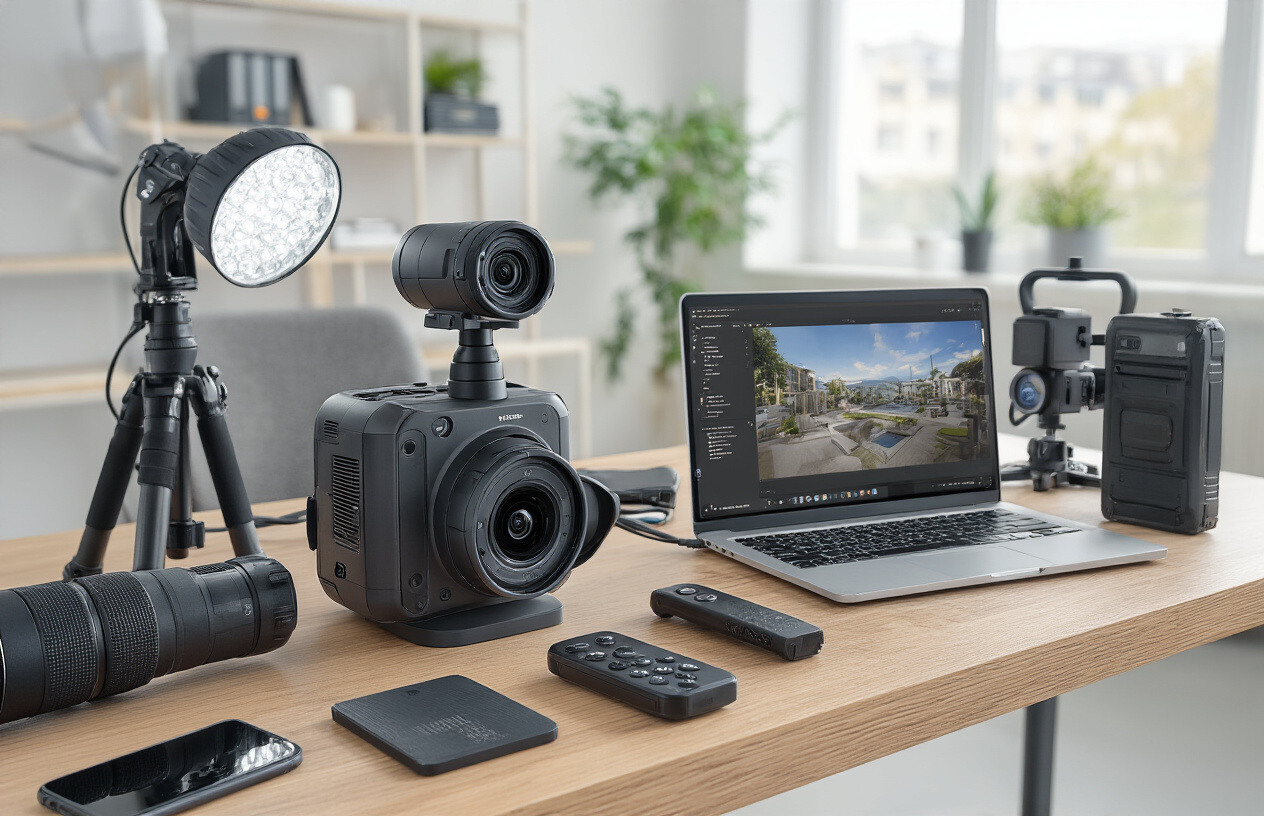Create a realistic image of professional 360-degree camera equipment arranged on a modern desk including a high-end 360 camera with dual lenses, laptop computer displaying virtual tour software interface, tripod, wireless remote control, portable lighting equipment, and smartphone, set in a bright contemporary office environment with clean lighting and tech-focused atmosphere, absolutely NO text should be in the scene.