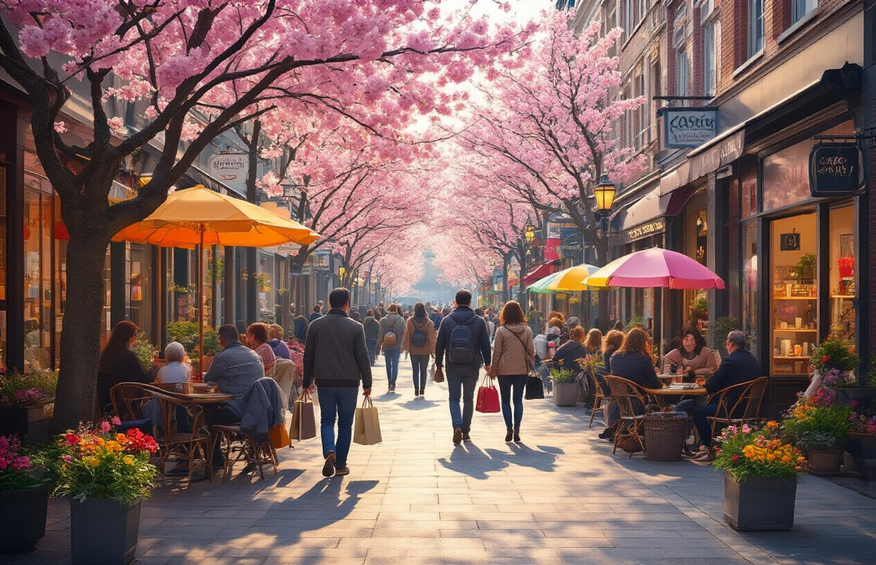 Create a realistic image of a bustling local business district in spring with blooming cherry blossom trees lining the sidewalks, diverse groups of people including white and black males and females of various ages walking with shopping bags and entering small boutique shops, outdoor café seating with colorful umbrellas, vibrant spring flowers in planters, warm golden hour lighting casting a welcoming glow on storefronts with attractive window displays, and a lively atmosphere showing increased pedestrian activity, absolutely NO text should be in the scene.