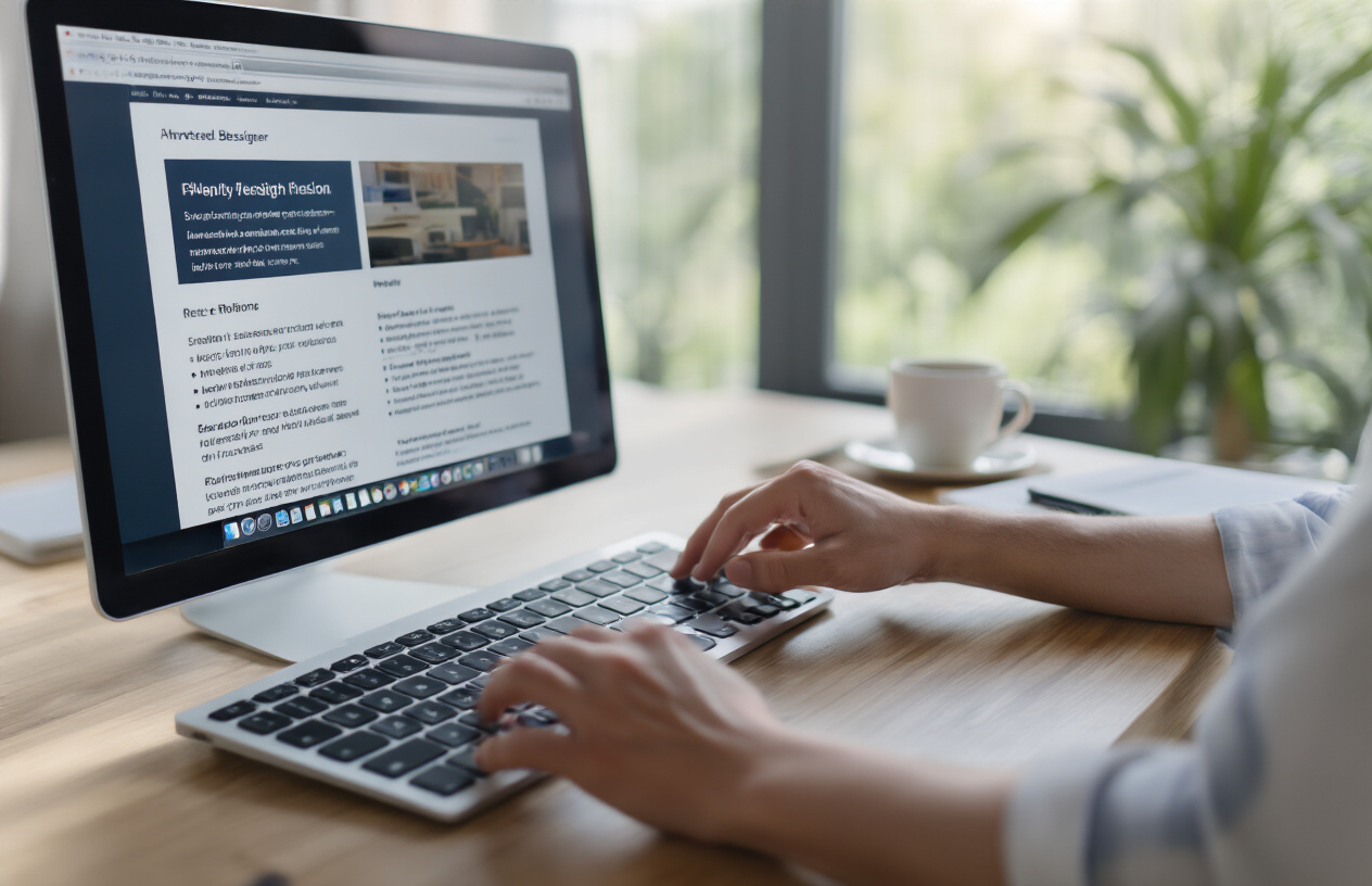 Create a realistic image of a clean, modern computer screen displaying a well-structured webpage with properly formatted headings in a hierarchy, showing clear visual distinction between different heading levels through size and spacing, with a white male web designer's hands typing on a sleek keyboard in the foreground, soft natural lighting from a window creating a professional workspace atmosphere, minimal desk setup with a coffee cup and notepad nearby, focus on the screen showing organized content layout that demonstrates good user experience design principles, Absolutely NO text should be in the scene.