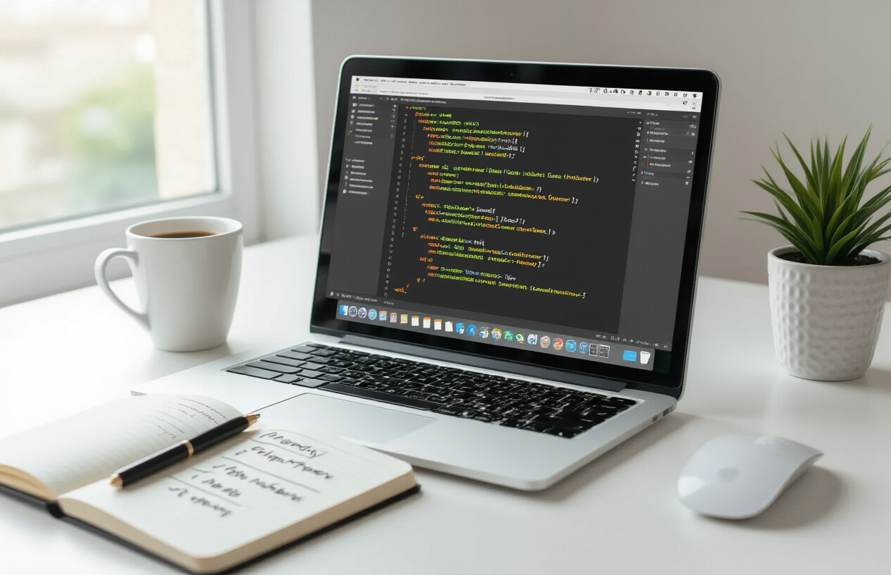 Create a realistic image of a clean, modern computer desktop workspace showing a laptop screen displaying XML code structure with hierarchical sitemap elements, a notepad with handwritten step numbers and bullet points beside it, a computer mouse, and a coffee cup on a white desk, with soft natural lighting from a window creating a productive work atmosphere, absolutely NO text should be in the scene.