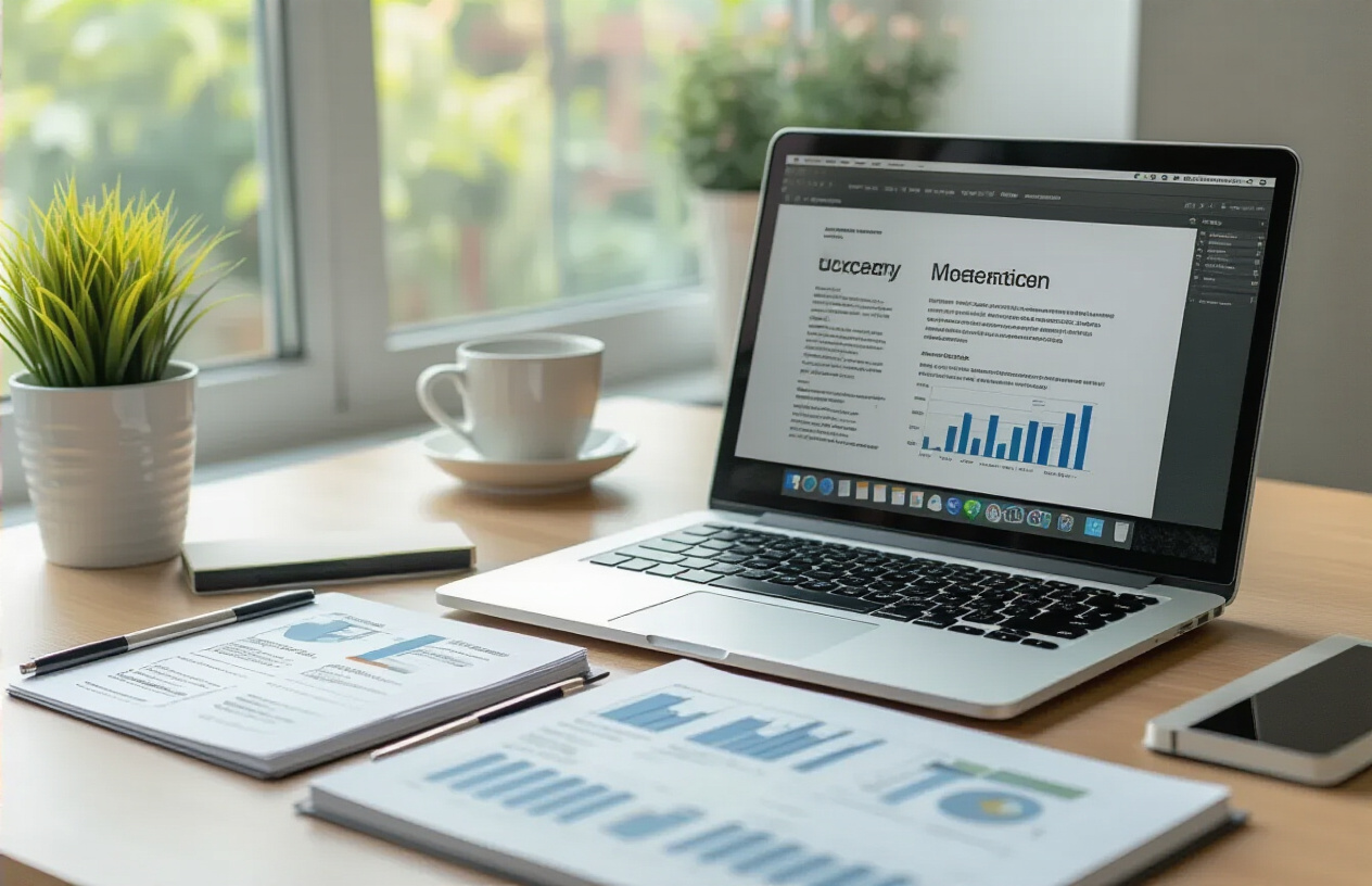 Create a realistic image of a clean, modern office desk with an open laptop displaying a well-formatted document with clear heading hierarchy visible on screen, alongside neatly organized papers with consistent formatting, a professional notebook with structured notes, and office supplies arranged in an orderly manner, captured in bright natural lighting from a window, conveying professionalism and trust through visual organization and consistency, absolutely NO text should be in the scene.