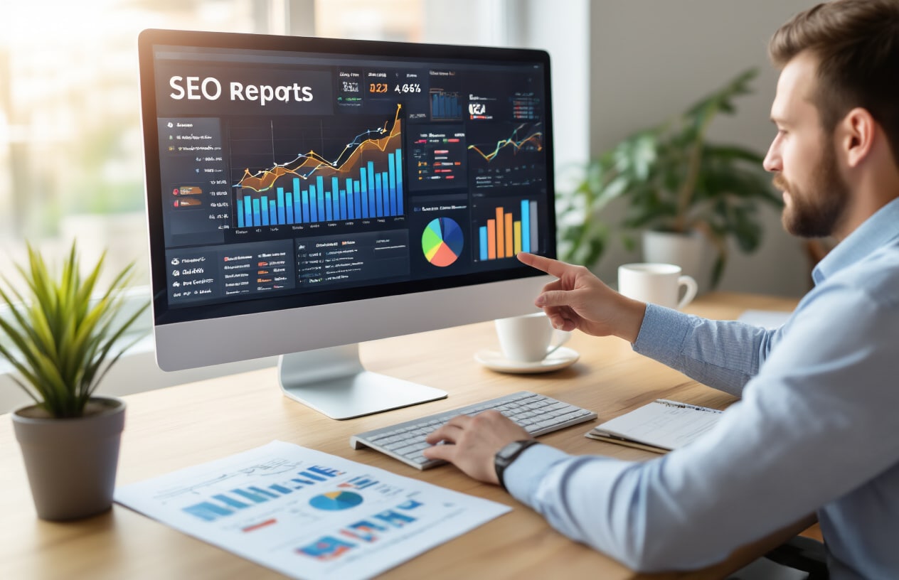 Create a realistic image of a clean modern office workspace showing a computer monitor displaying colorful analytics dashboards and graphs with upward trending lines, scattered around the desk are printed SEO reports and charts, a white male professional in business casual attire pointing at specific metrics on the screen, warm natural lighting from a window, organized desk setup with a coffee cup and notepad, professional atmosphere conveying success and improvement, absolutely NO text should be in the scene.