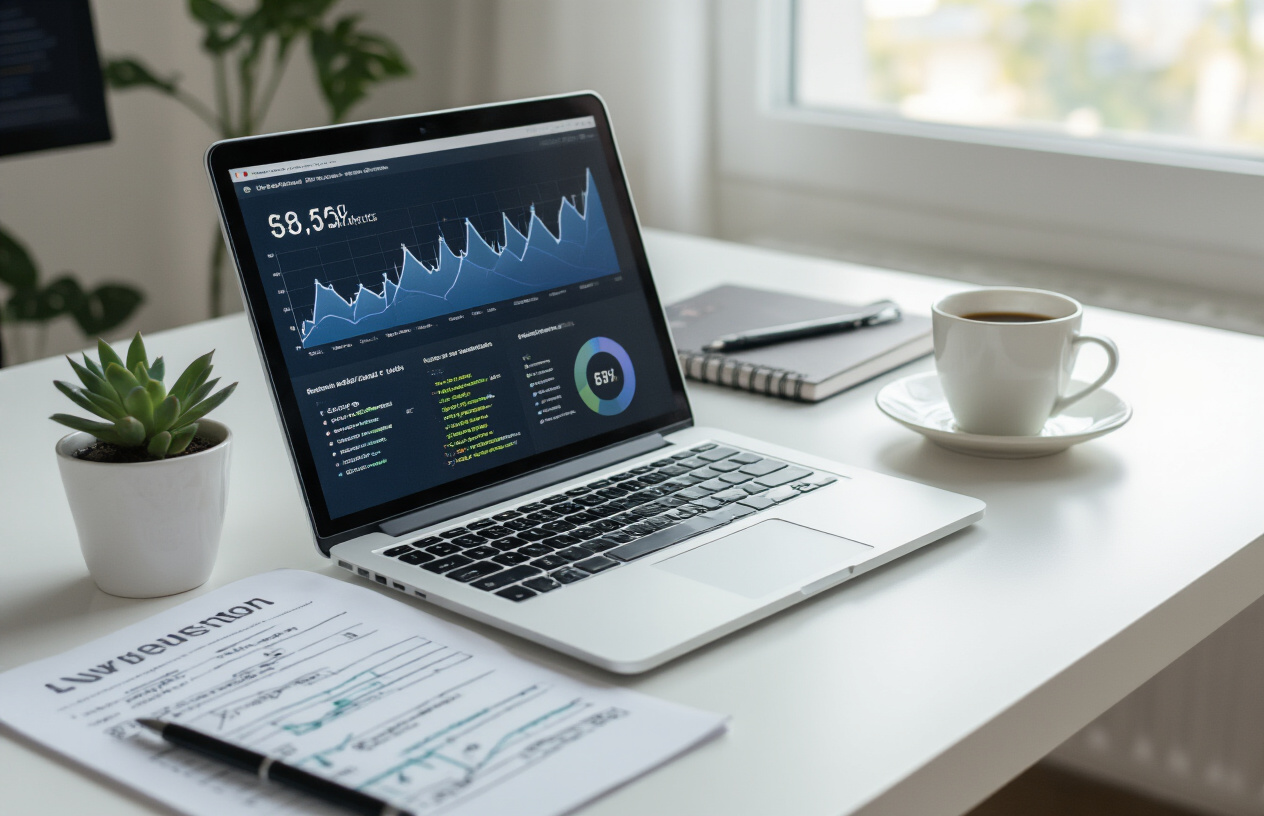 Create a realistic image of a clean, modern workspace with a laptop computer displaying SEO analytics dashboard with upward trending graphs and metrics, surrounded by web development elements like code snippets on printed papers, a notebook with URL structure diagrams, and a coffee cup, all arranged on a sleek white desk with soft natural lighting from a window, creating a professional and successful atmosphere that conveys SEO achievement and technical expertise, absolutely NO text should be in the scene.