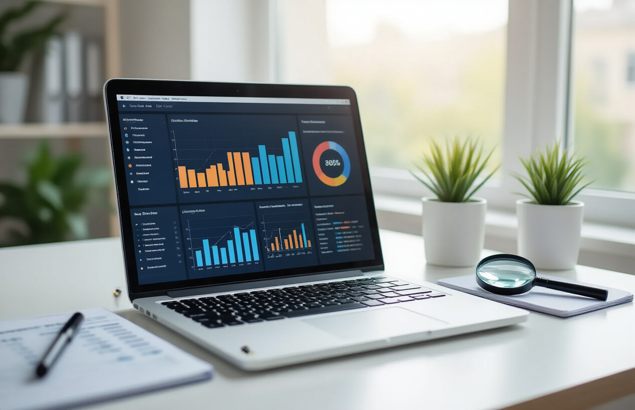Create a realistic image of a clean, modern workspace featuring an open laptop displaying colorful analytics graphs and data visualizations on the screen, with Google's interface subtly visible, surrounded by SEO-related elements like a notepad with keyword lists, a magnifying glass, ascending arrow charts, and small plant accents on a white desk, professional office environment with soft natural lighting from a window, conveying success and achievement in digital marketing, absolutely NO text should be in the scene.