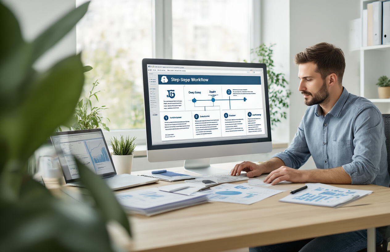 Create a realistic image of a clean, modern workspace with a computer screen displaying a step-by-step workflow interface with numbered stages and arrow connections, a white male professional in business casual attire sitting at the desk actively working on the implementation process, surrounded by organized documents and a notepad with handwritten notes, soft natural lighting from a window creating a productive atmosphere, with SEO-related visual elements like search result mockups and analytics charts visible on the desk, absolutely NO text should be in the scene.