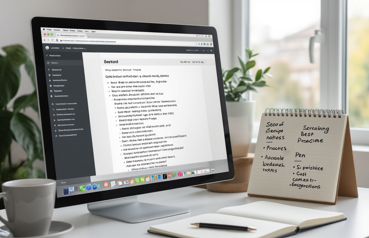 Create a realistic image of a clean, modern workspace showing a computer monitor displaying a website's backend interface with URL structure elements visible on screen, alongside a notebook with handwritten SEO notes and best practices, a coffee cup, and a pen on a white desk, with soft natural lighting from a window, professional and organized atmosphere, Absolutely NO text should be in the scene.