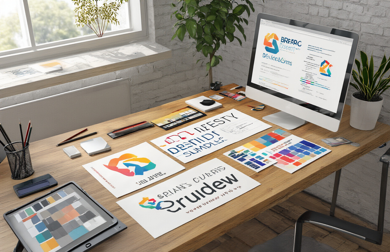 Create a realistic image of a clean modern workspace with a wooden desk featuring multiple brand identity elements including colorful logo designs, typography samples, and color palette swatches spread across the surface, with a sleek computer monitor displaying brand guidelines, surrounded by design tools like pencils and a graphics tablet, under bright natural lighting from a nearby window, conveying a professional creative atmosphere focused on brand development, absolutely NO text should be in the scene.