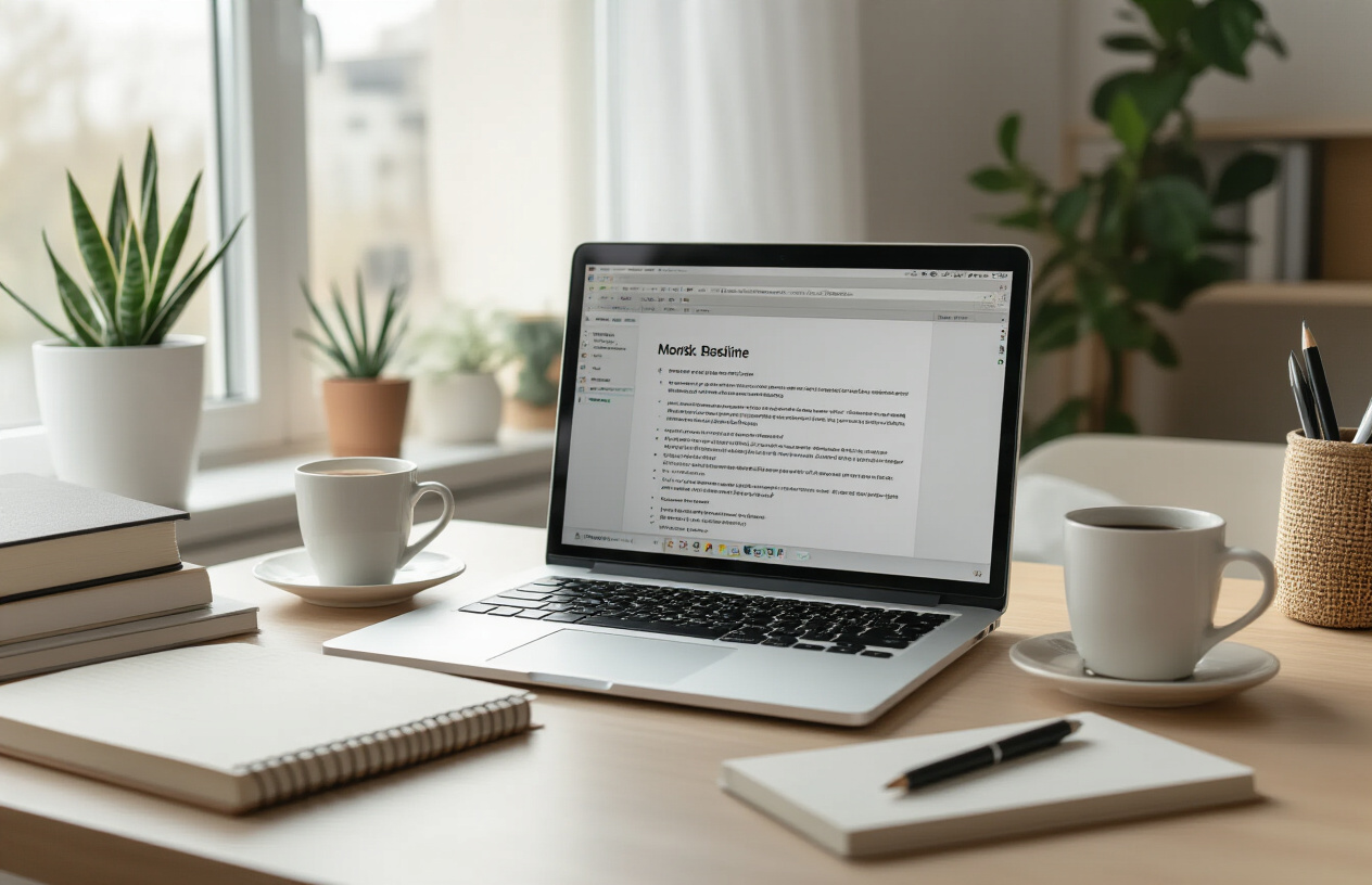 Create a realistic image of a clean, organized desk workspace with an open laptop displaying a well-structured document with clear heading hierarchy, surrounded by office supplies like a notebook, pen, and coffee cup, soft natural lighting from a window creating a productive atmosphere, modern minimalist office setting with neutral colors, absolutely NO text should be in the scene.