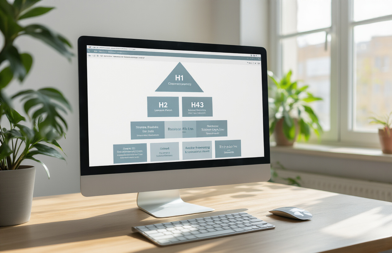 Create a realistic image of a clean, organized document or webpage displayed on a computer screen showing a clear hierarchy of headings in different sizes, with H1, H2, H3, and H4 headings arranged in a pyramid-like visual structure, surrounded by a modern office workspace with soft natural lighting from a window, featuring a minimalist desk setup with a keyboard and mouse, emphasizing the concept of structured content organization and readability, with subtle shadows and depth to create a professional atmosphere, absolutely NO text should be in the scene.